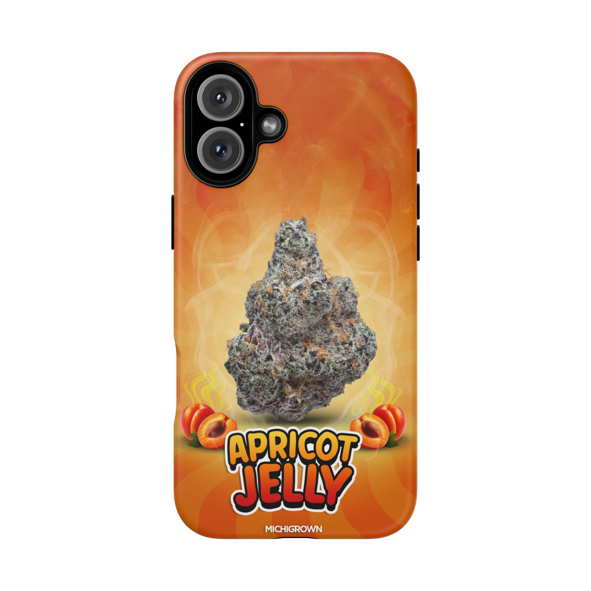 Phone case with apricot jelly and cannabis bud graphic.