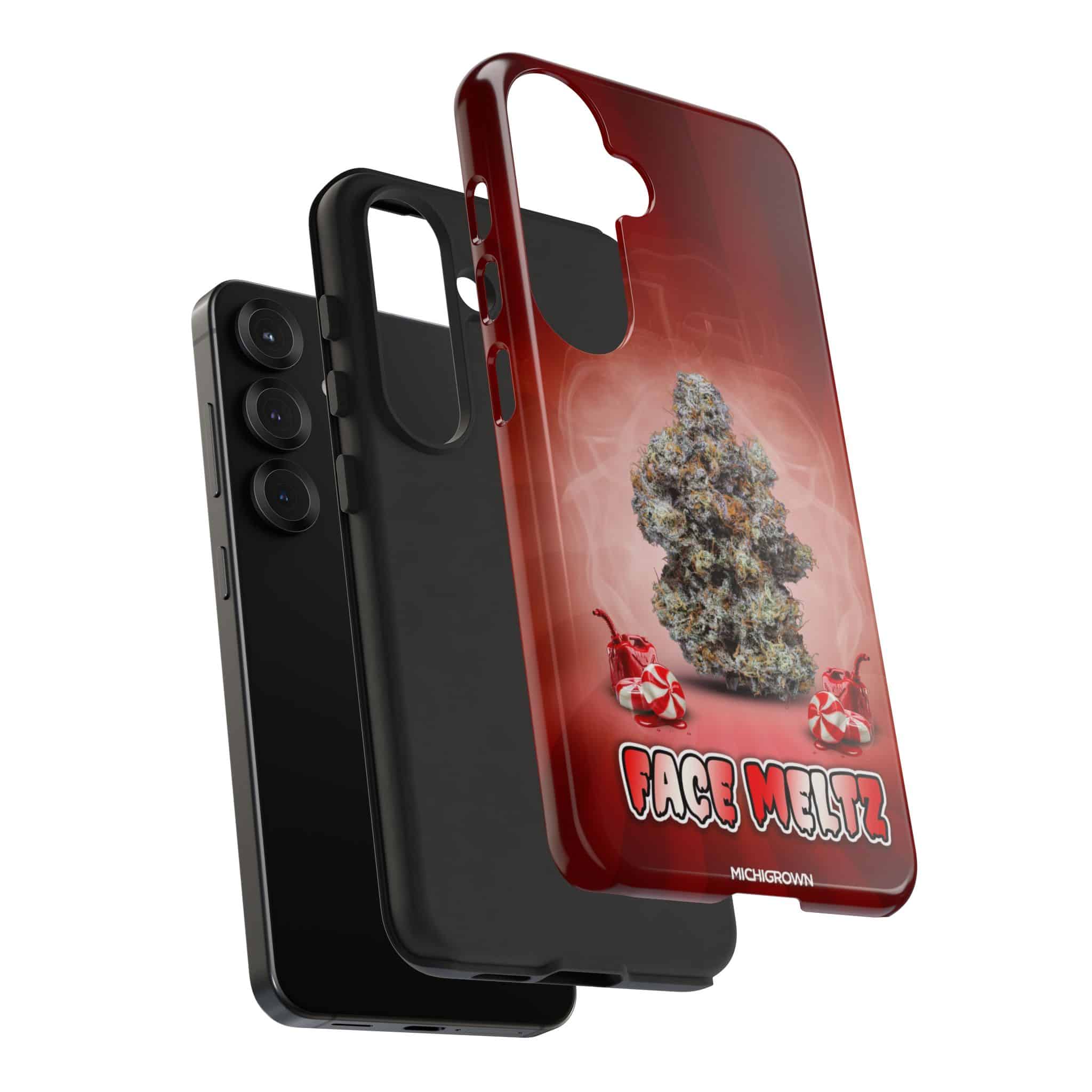 Red phone case with cannabis bud and FACE MELTZ logo for iPhone.