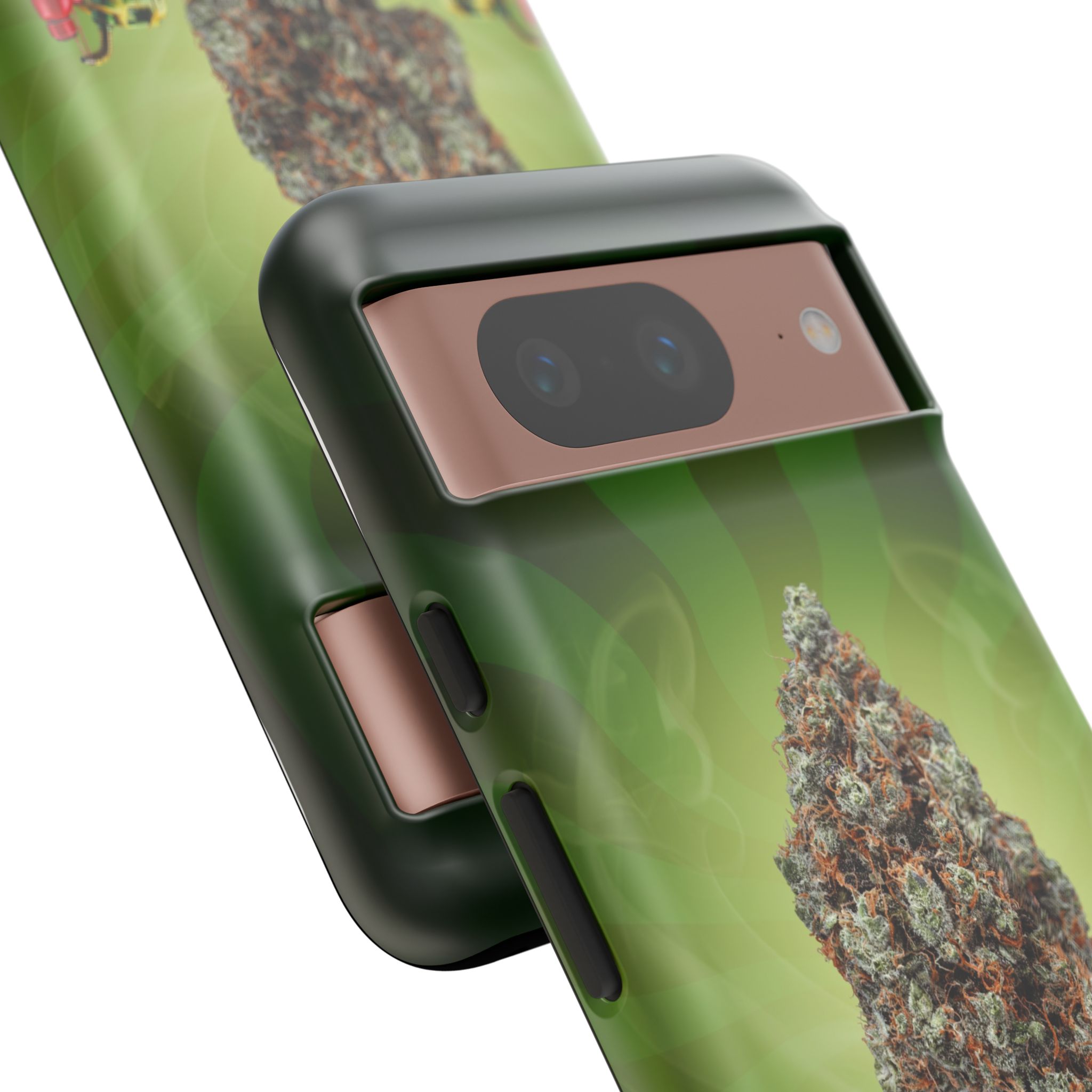 Close-up of cannabis-themed phone case with green leaf design and camera cutout.