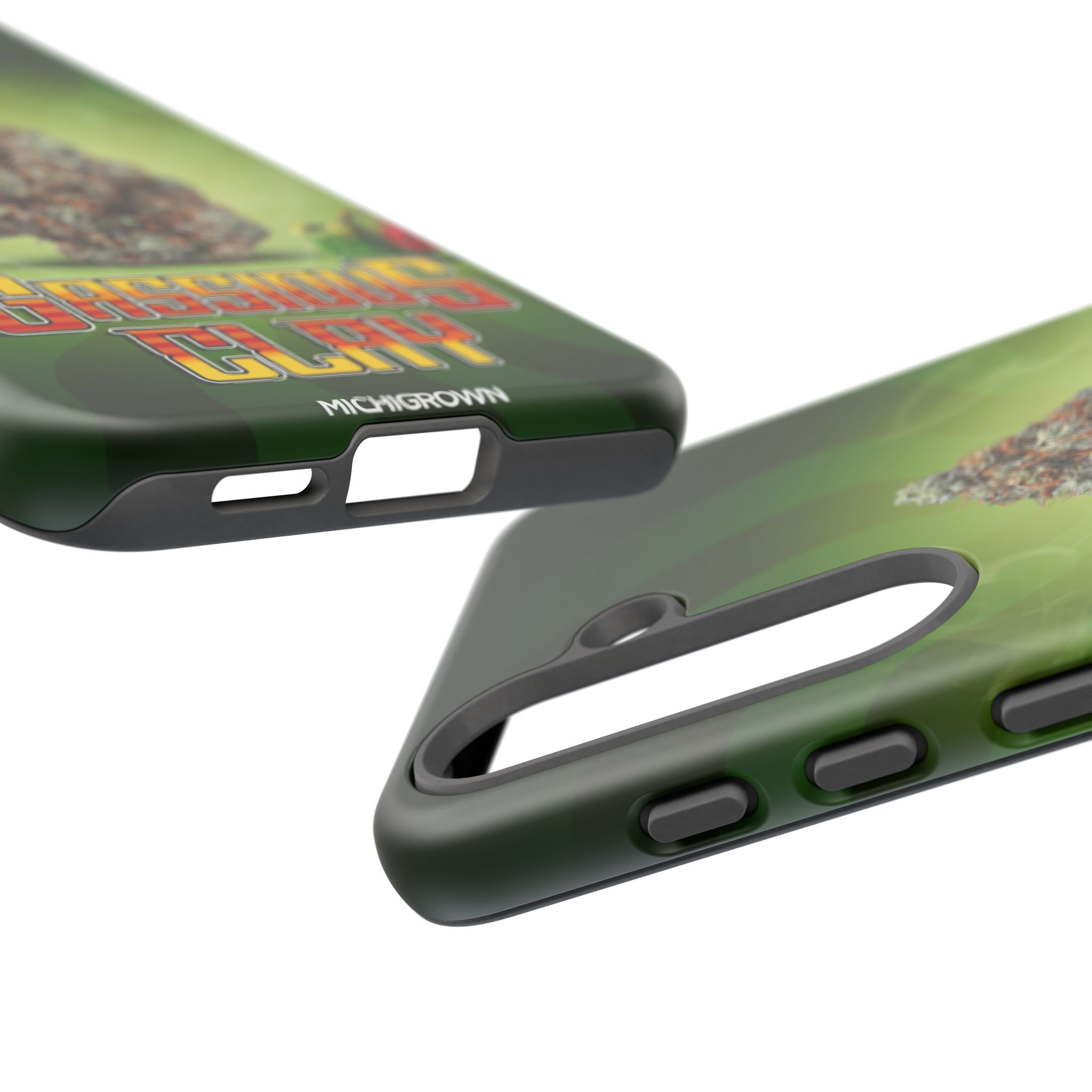 Close-up of green GASSIOUS CLAY phone case with design details.