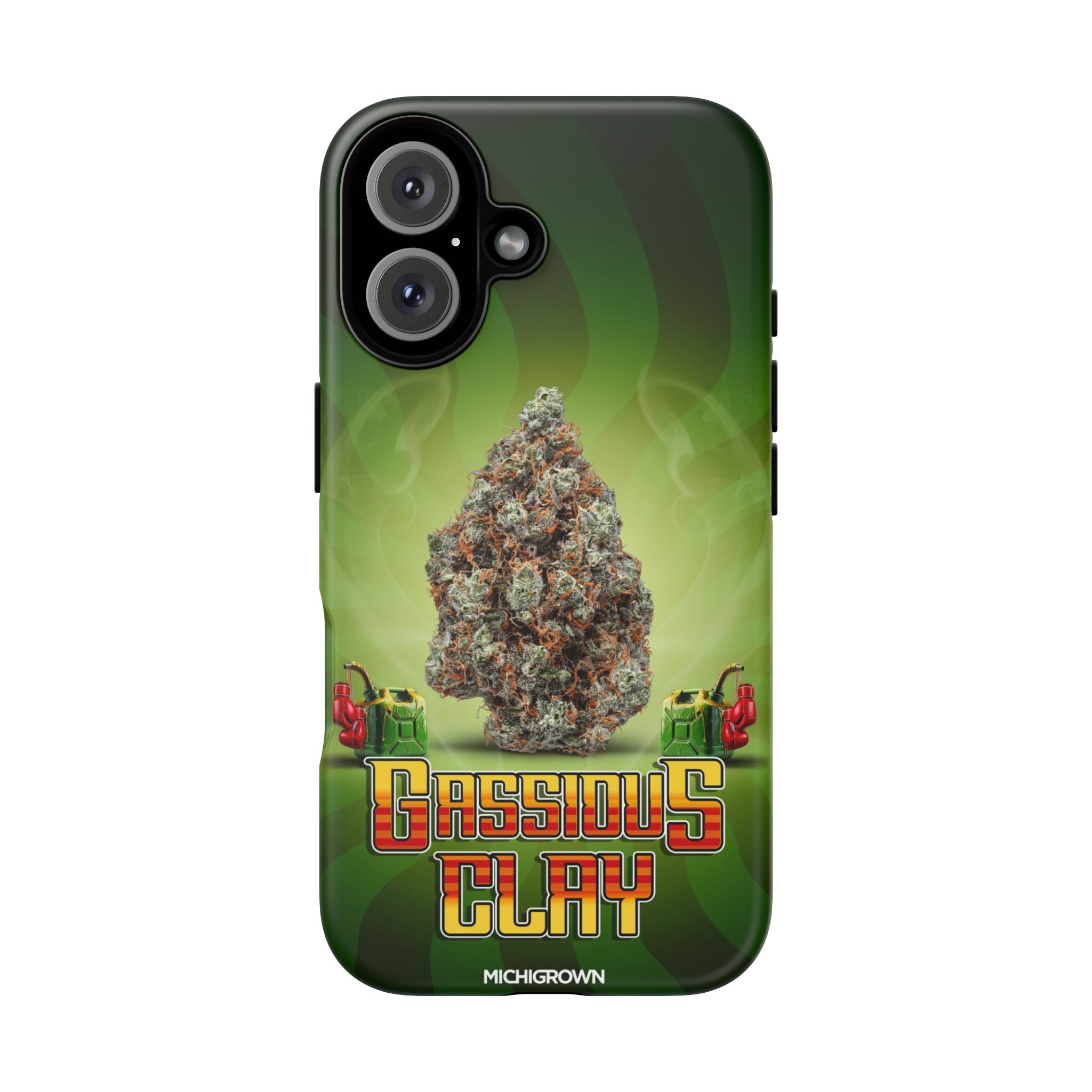 Phone case with cannabis bud and Gassious Clay logo design.