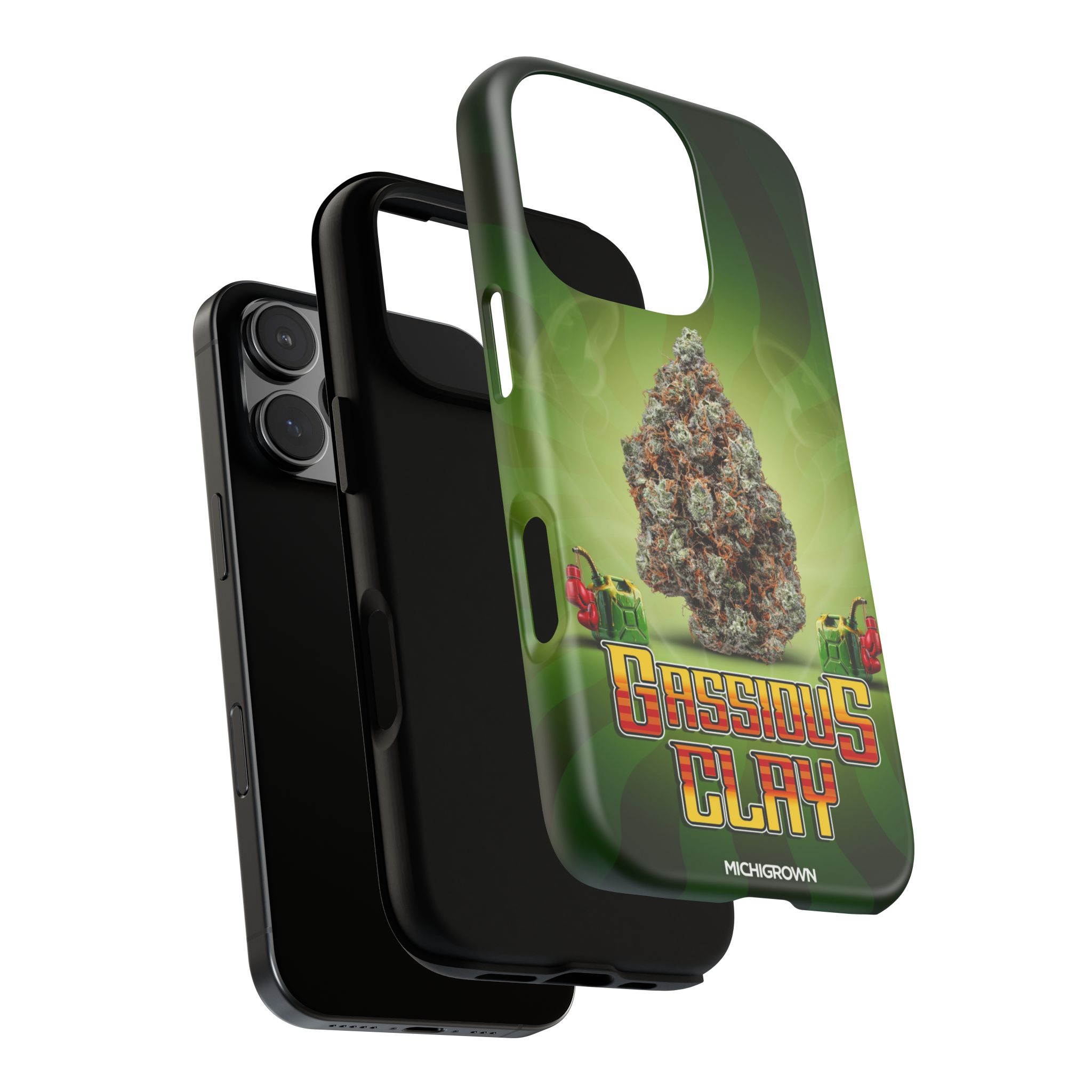 Green phone case with cannabis bud and Gassious Clay logo for iPhone.