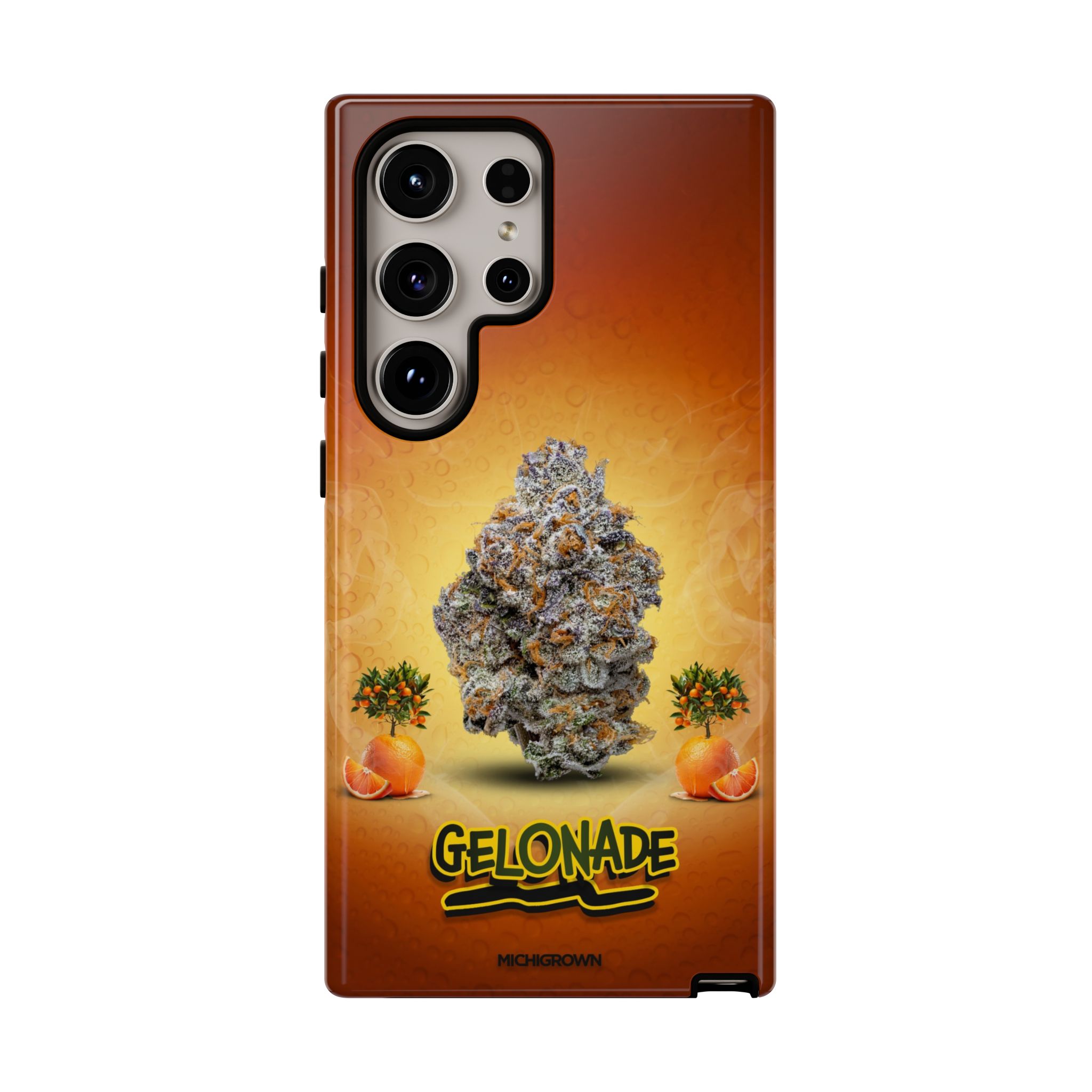 Phone case featuring cannabis bud and orange slices design for GELONADE.