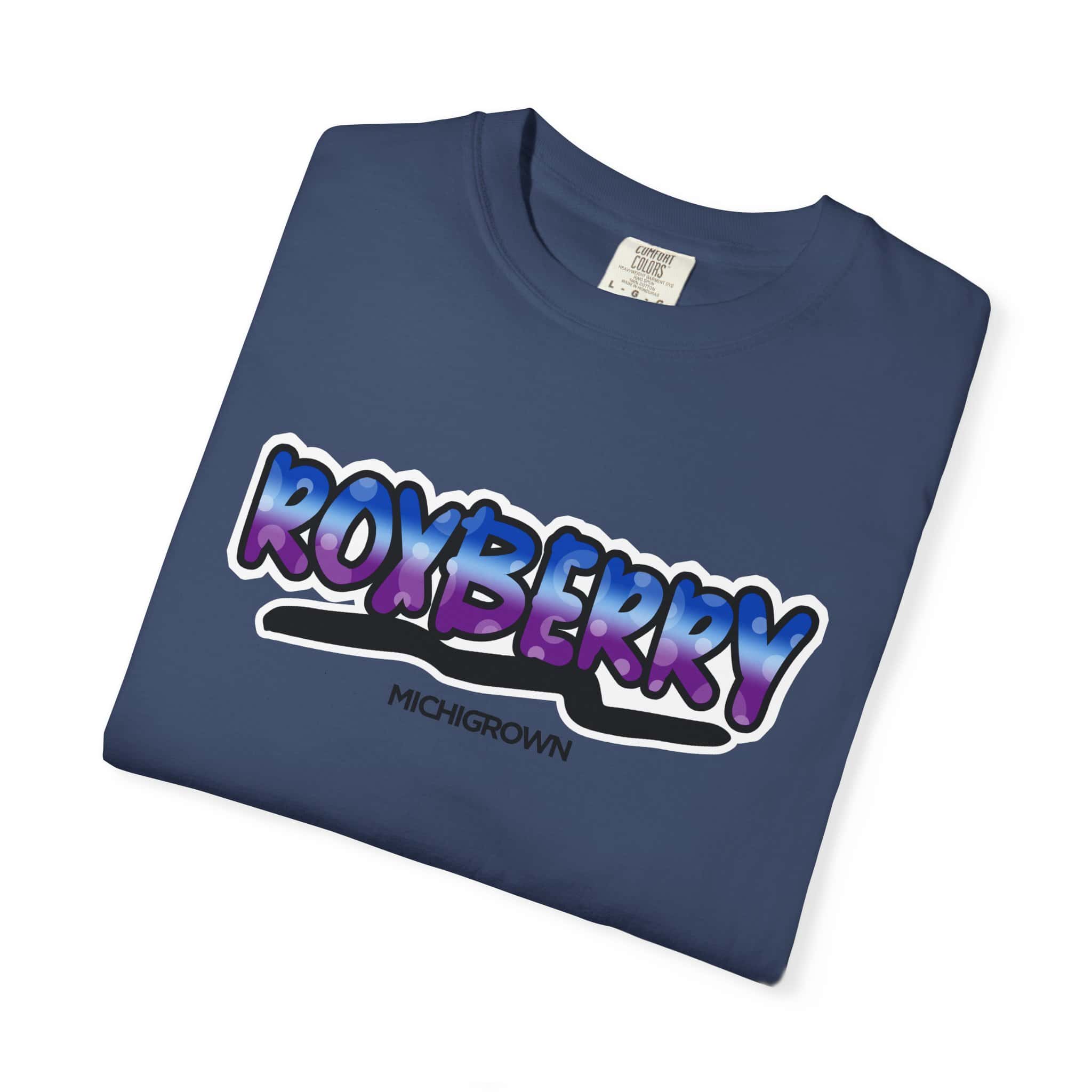 Blue Roxberry T-shirt with bold purple and blue text logo.