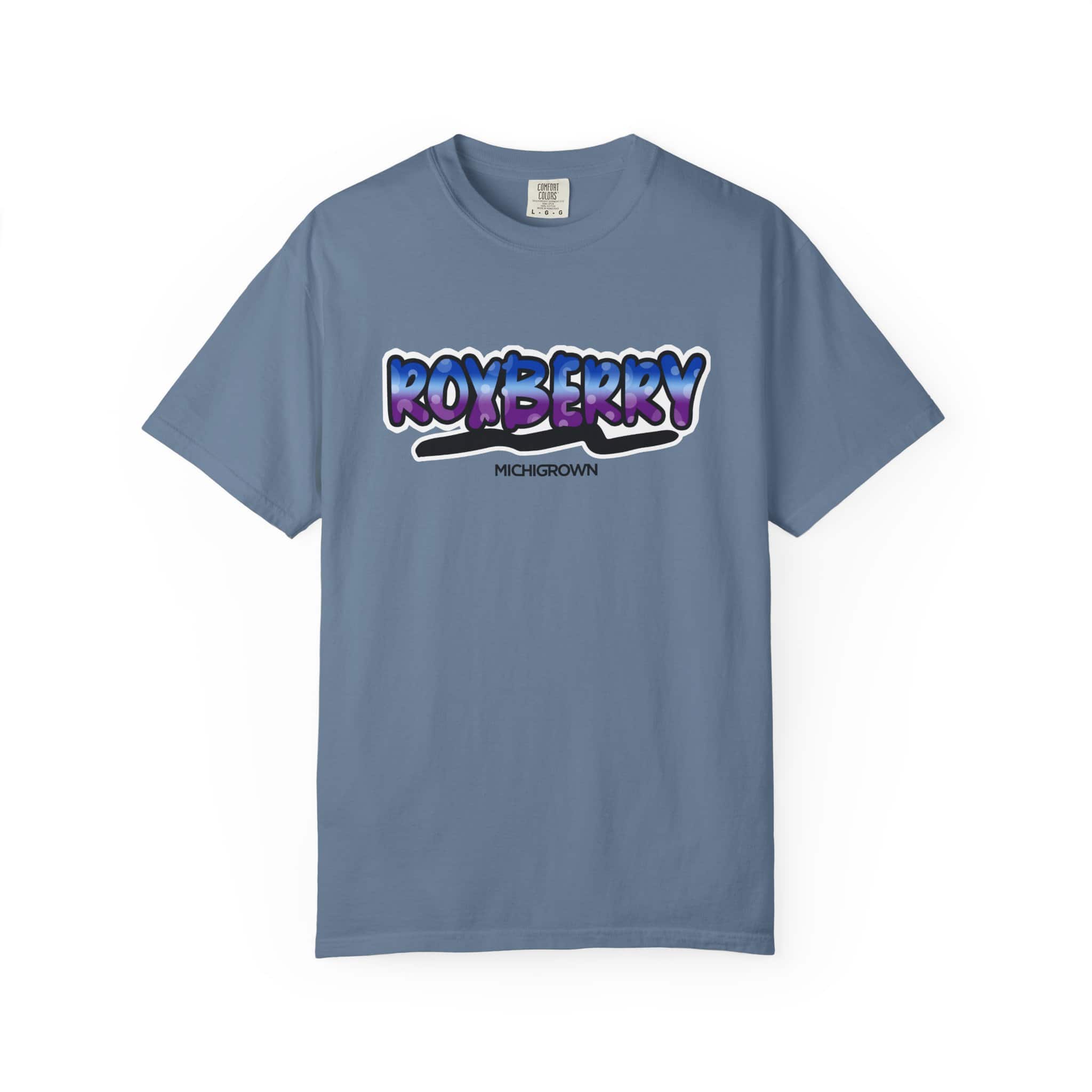 Blue Roxberry T-shirt with colorful logo design.