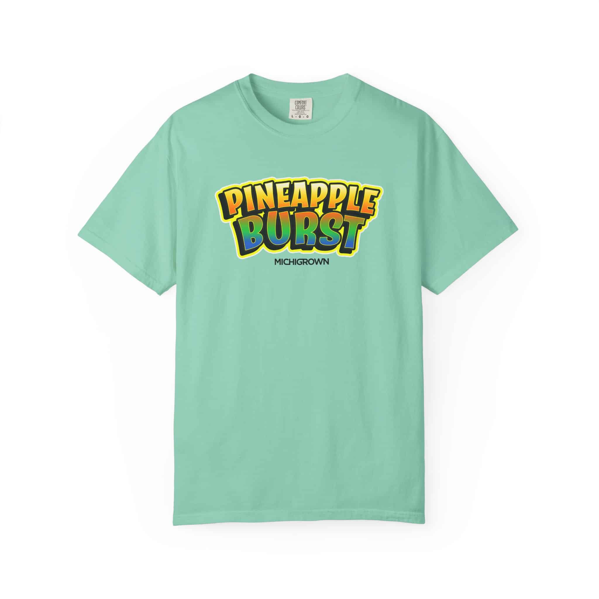 Mint green Pineapple Burst T-shirt with colorful logo design.