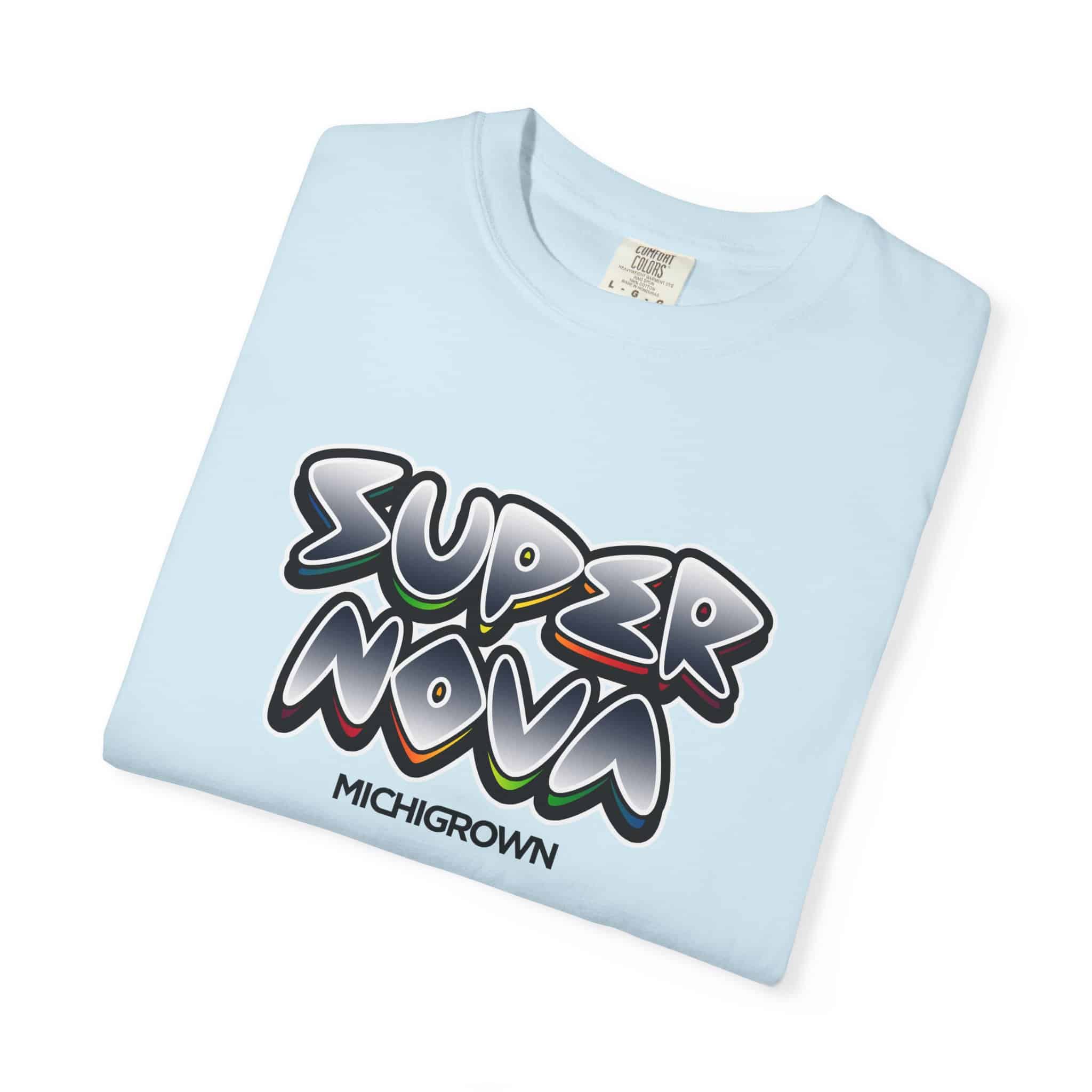 Light blue T-shirt with Super Nova graphic and Michigrown logo.