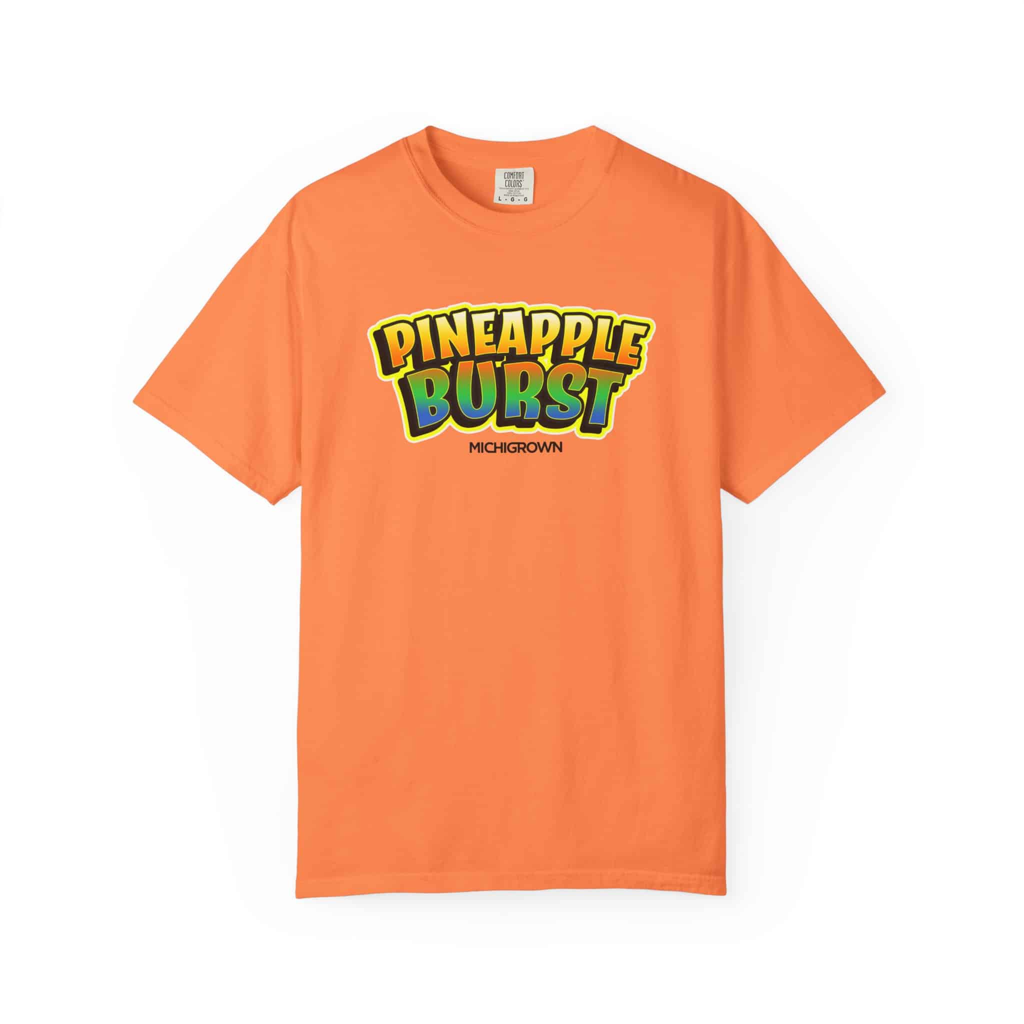 Orange Pineapple Burst T-shirt with colorful logo design.