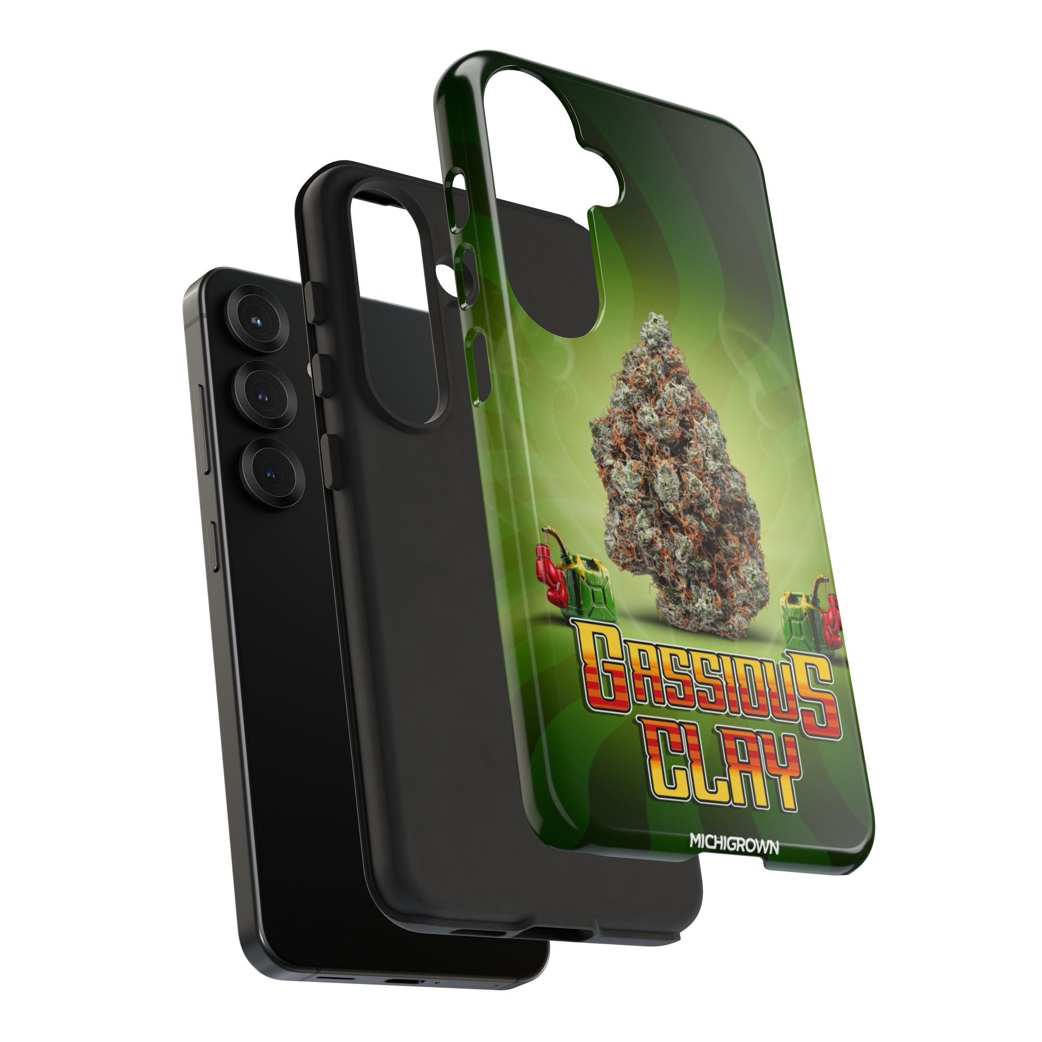 Phone case with Gassious Clay logo and cannabis theme design.