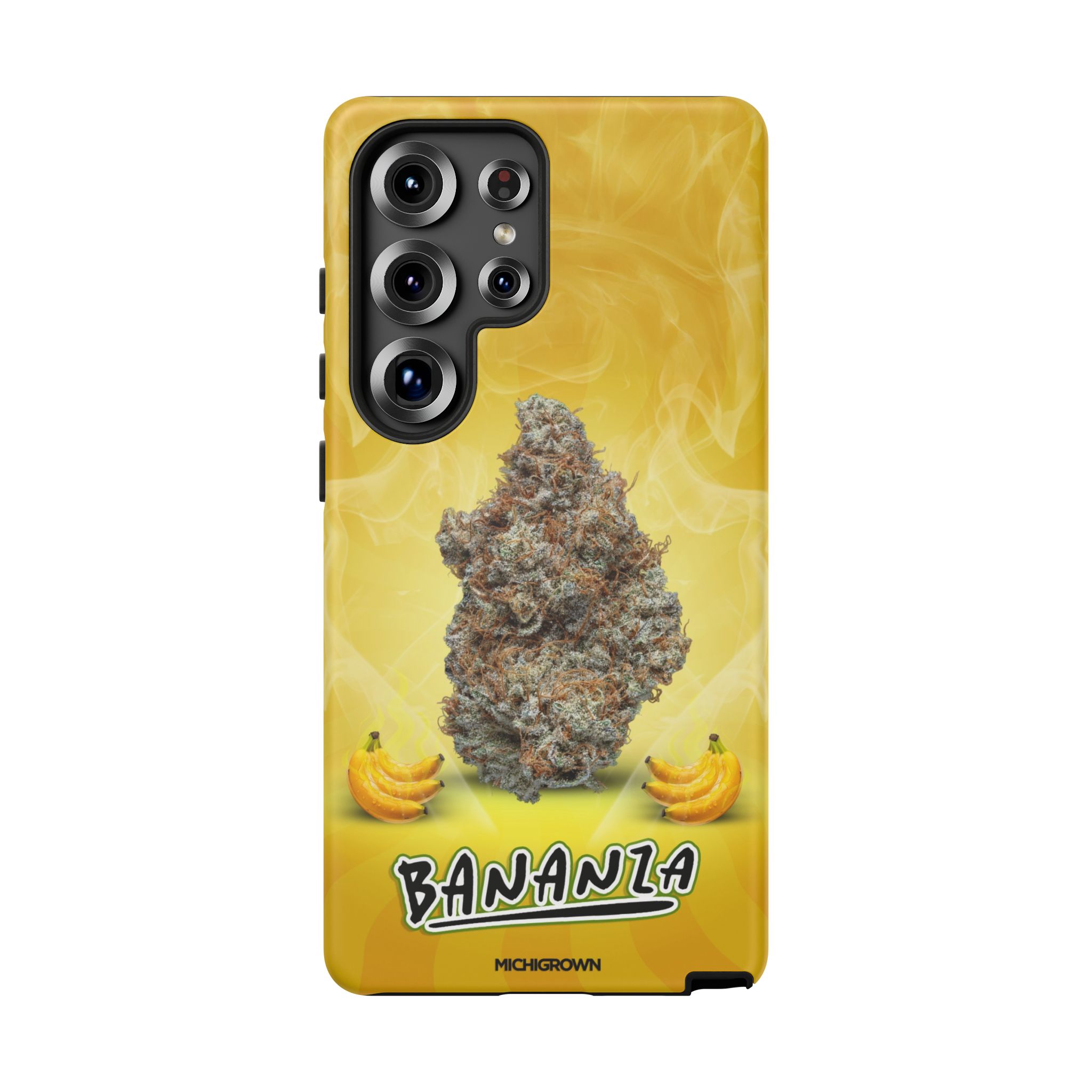 Yellow phone case with cannabis bud and banana graphics for iPhone.
