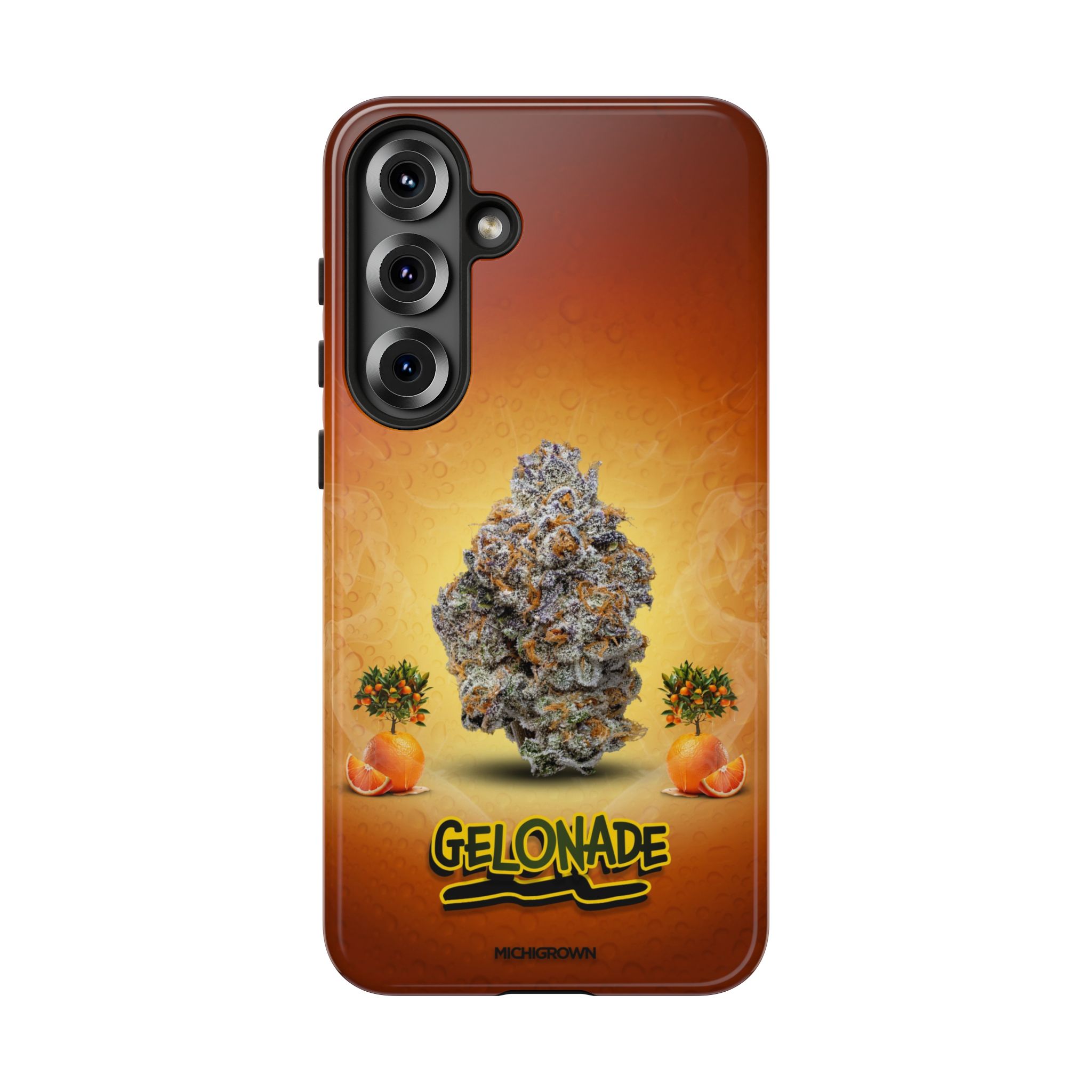 Phone case featuring cannabis bud and GELONADE logo for Michigan-grown products.