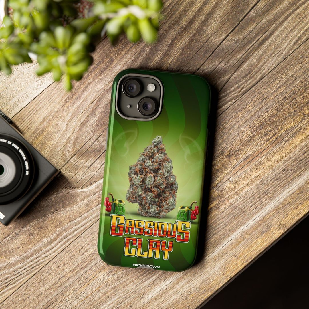 Green phone case with Gassious Clay logo and cannabis leaf design.