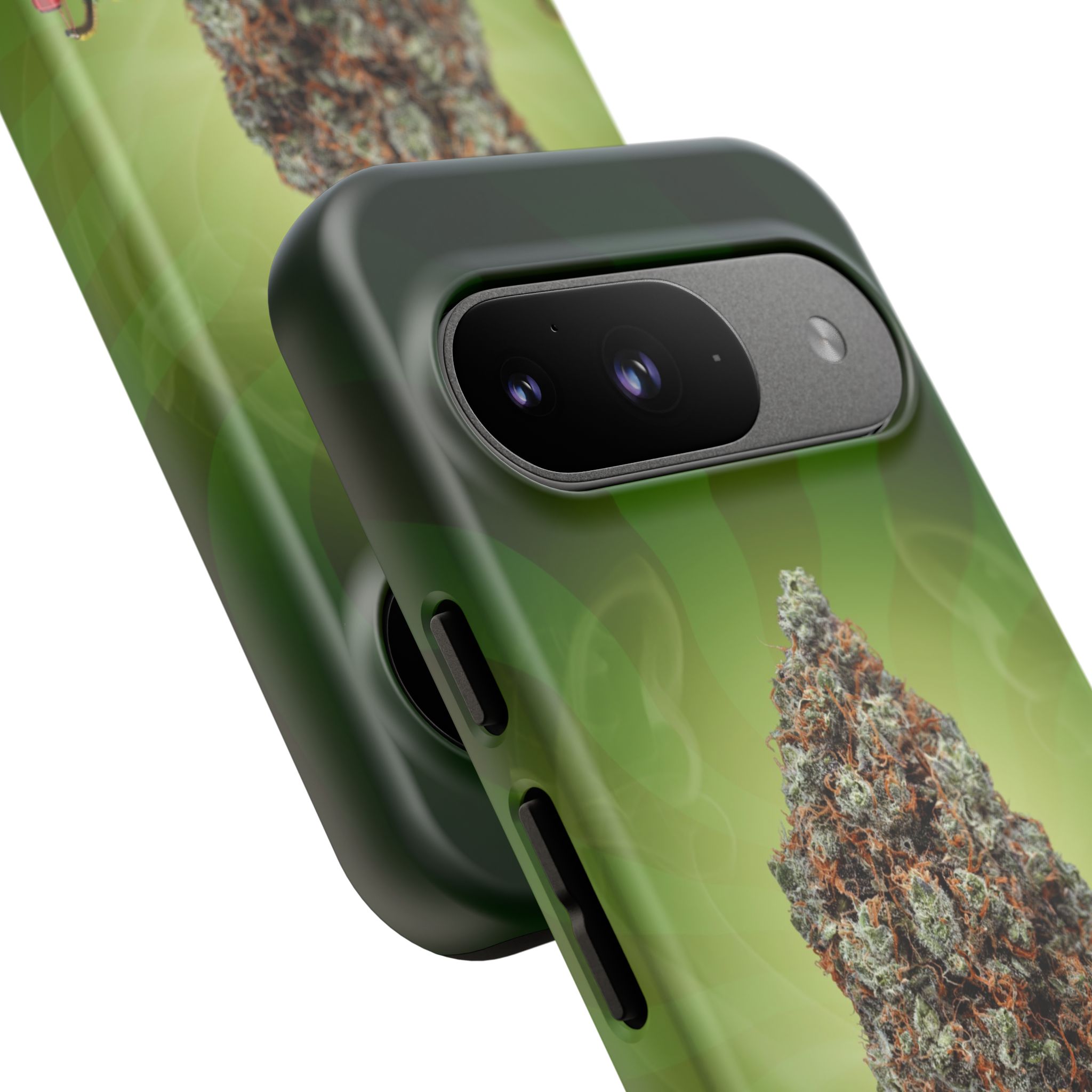 Green cannabis leaf phone case with dual camera cutout.