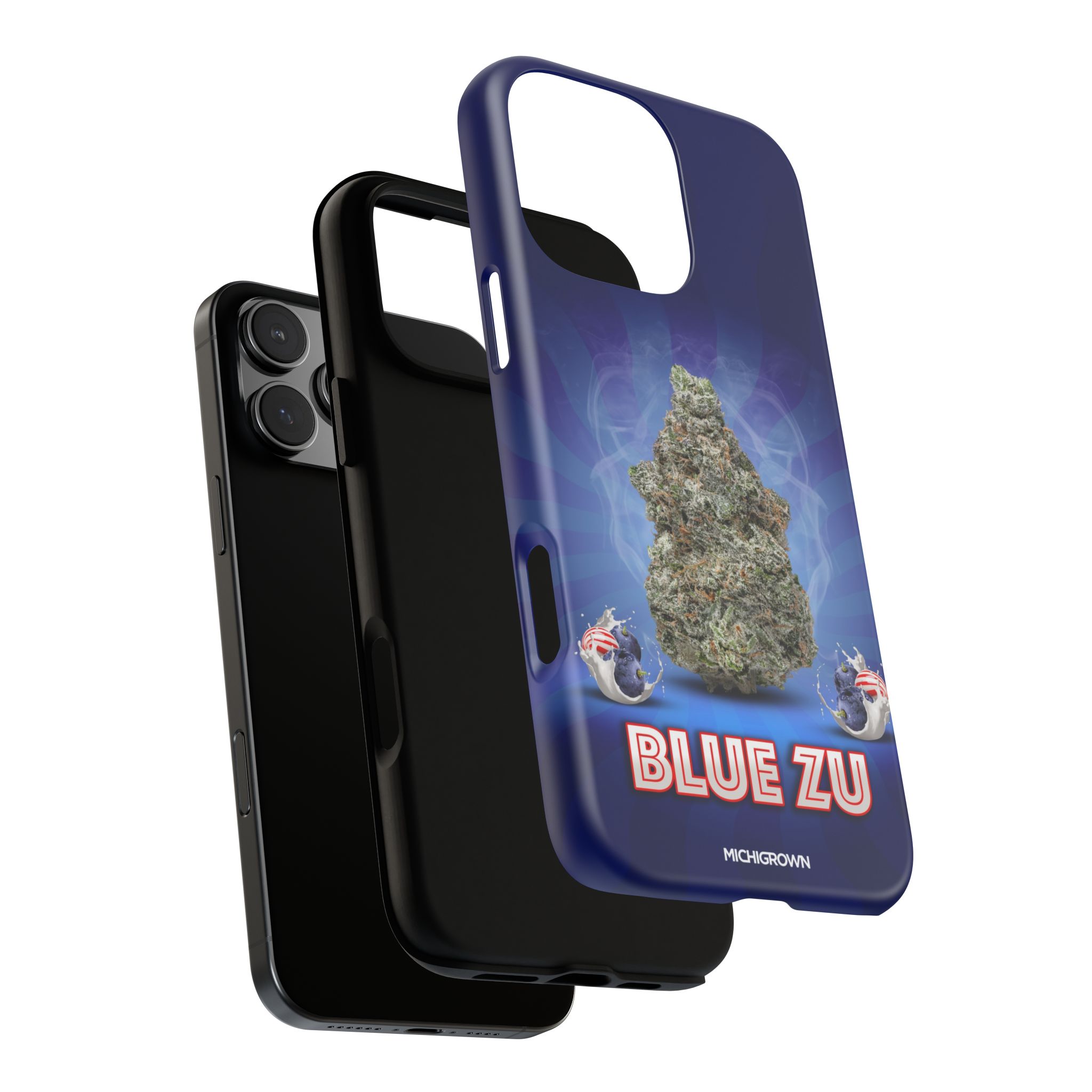 Blue Zu phone case with Michigan map design for iPhone.