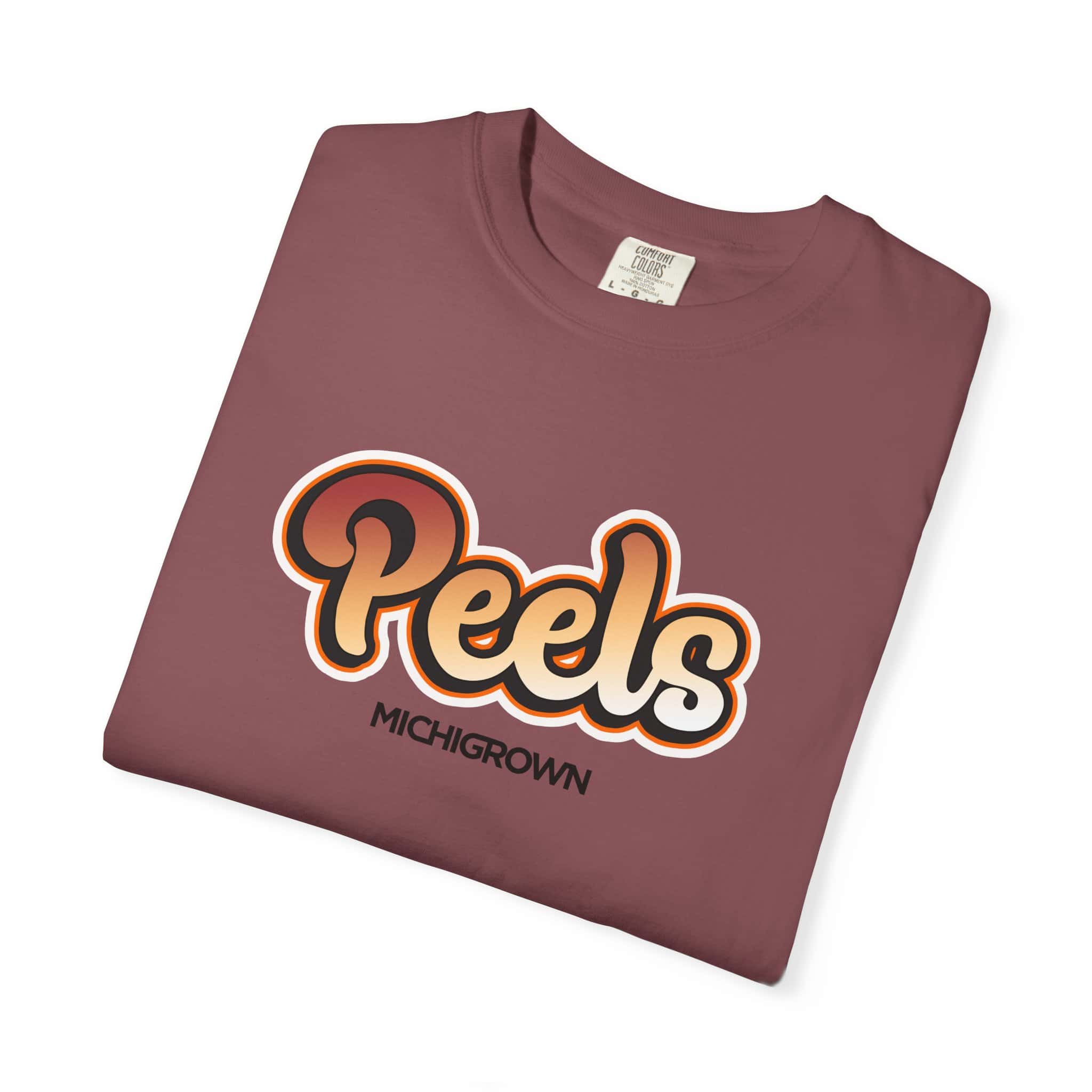 Maroon T-shirt with Michigrown Peels logo in bold font.