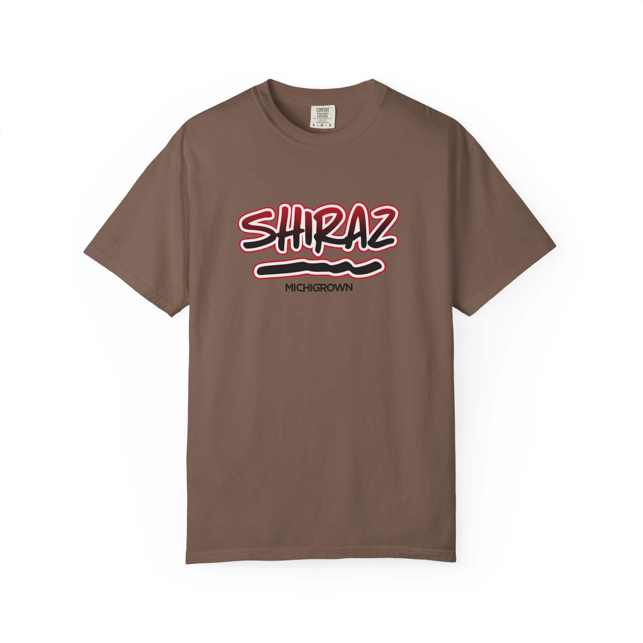 Brown T-shirt with Shiraz and Michigan Grown text design.