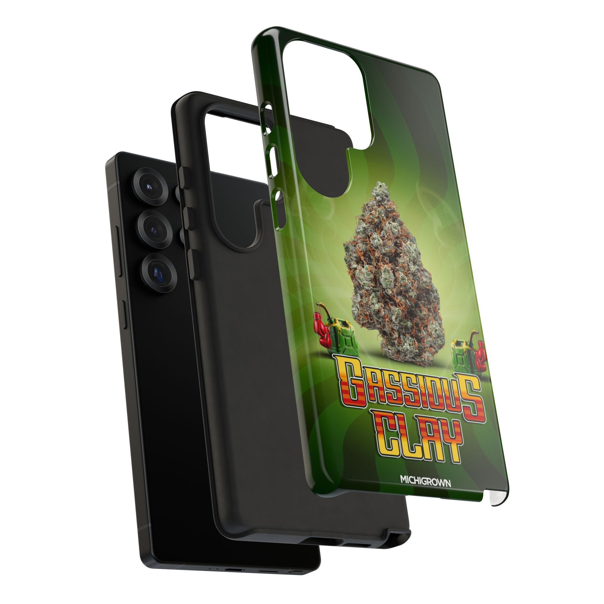 Custom GASSIOUS CLAY phone case with cannabis strain image for iPhone.