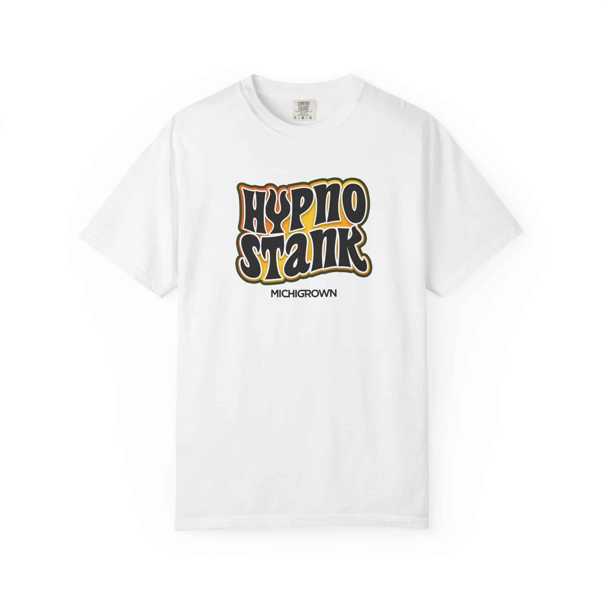 White T-shirt with Hypno Stank graphic design for men.