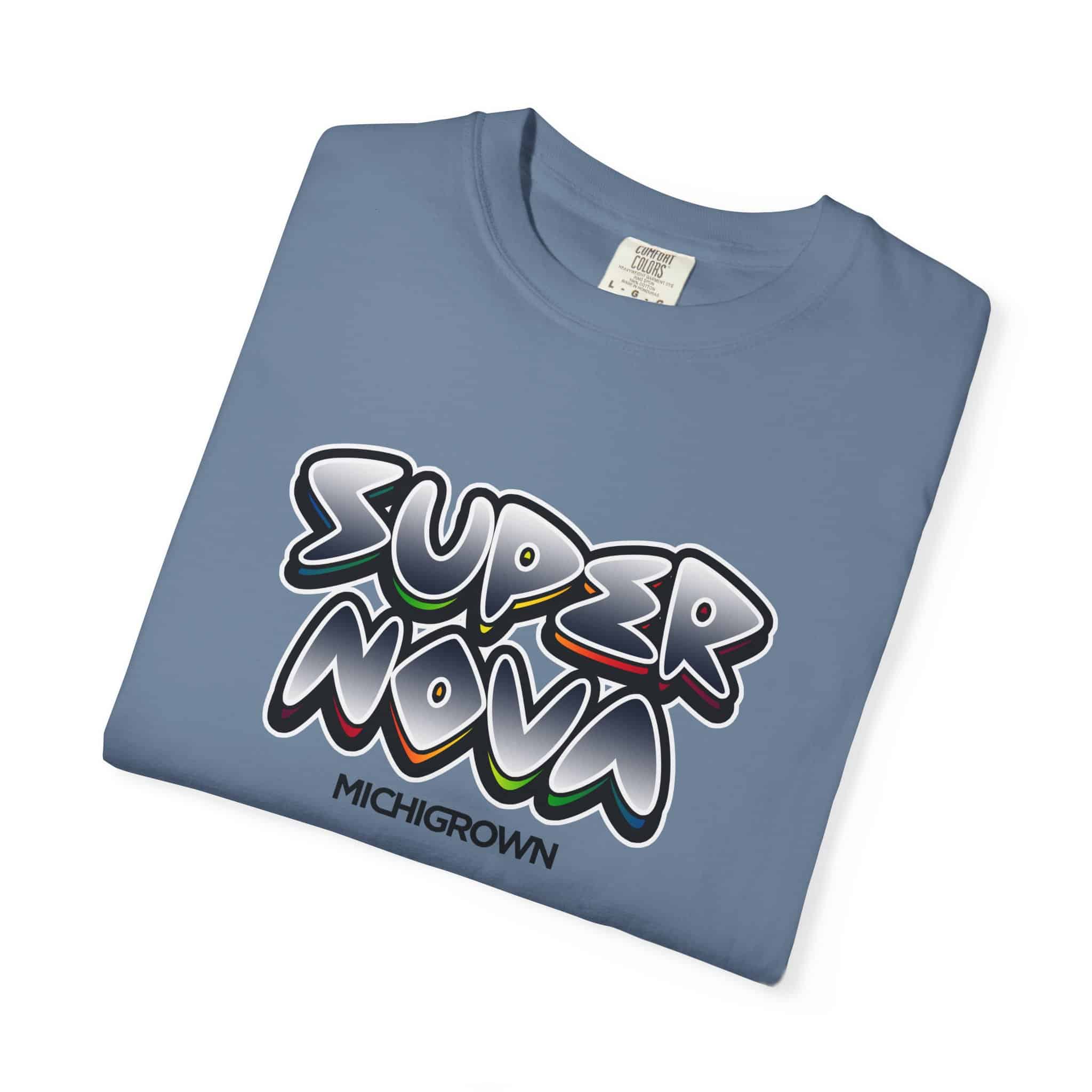 Light blue T-shirt with Super Nova graffiti-style logo and Michigrown branding.