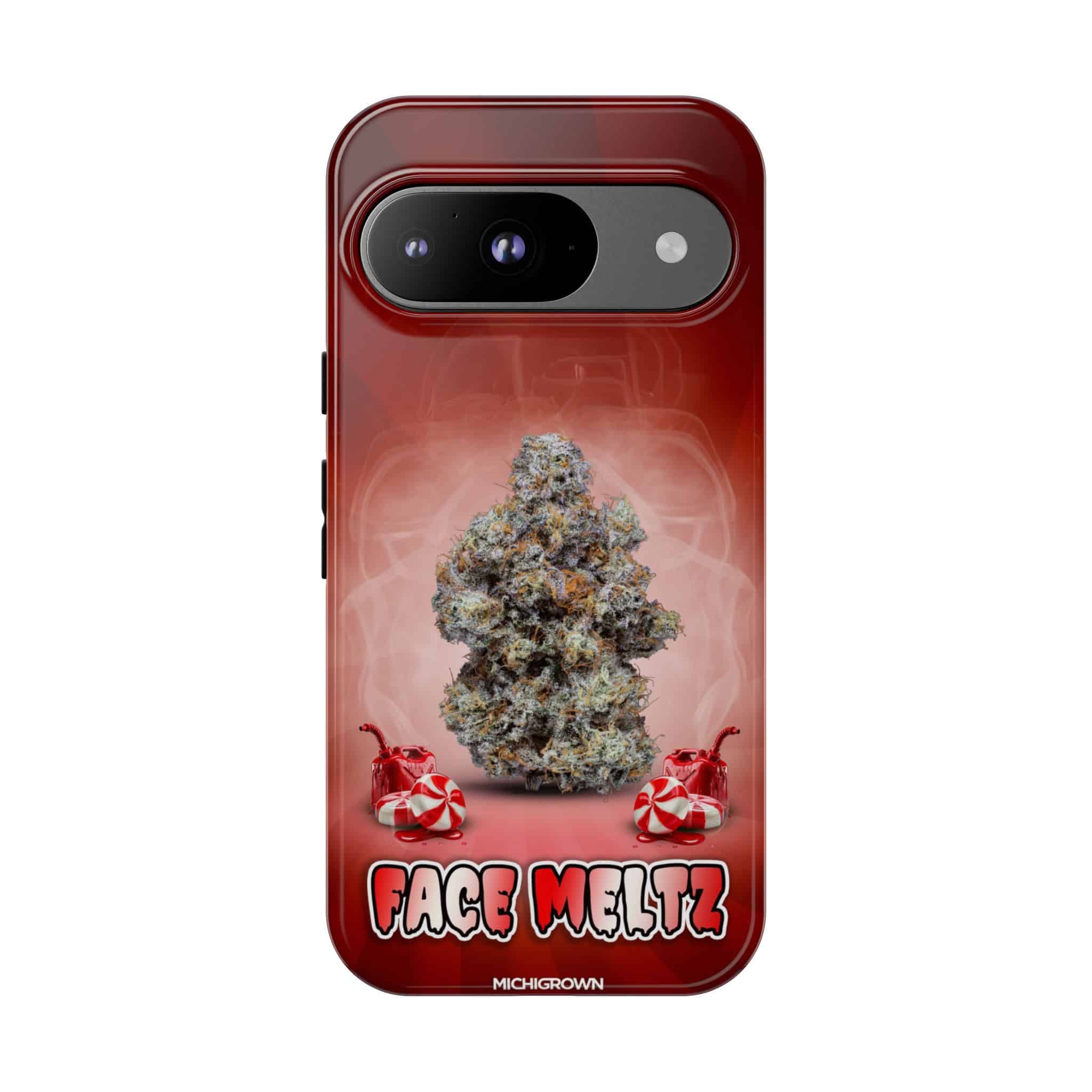 Phone case with cannabis bud and Face Meltz logo for FACE MELTZ Tough Cases.