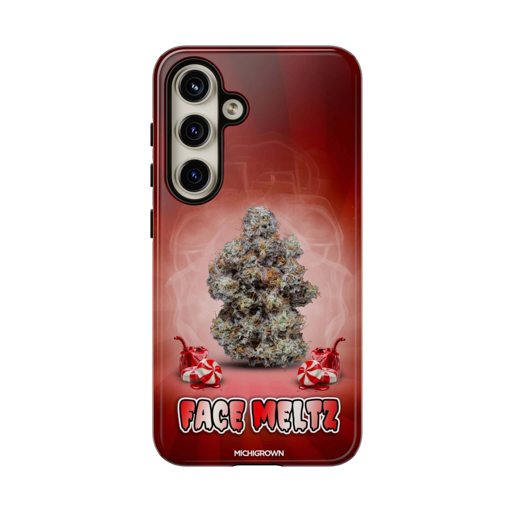 Red phone case with cannabis bud and Face Meltz logo.