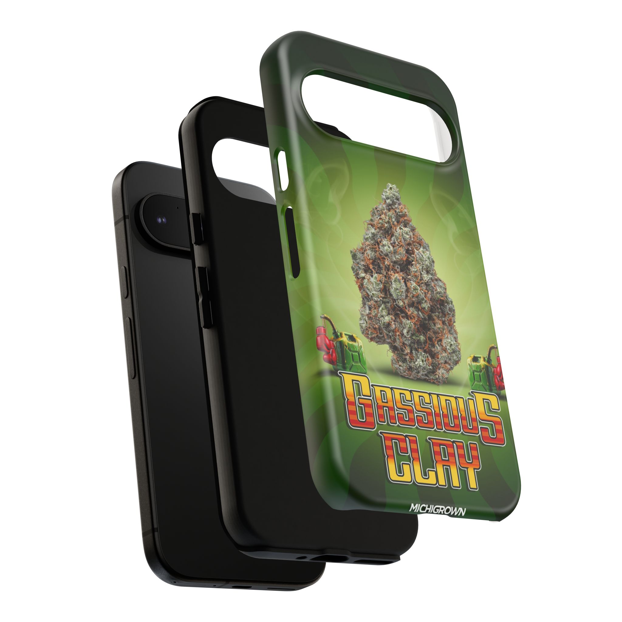 Phone case with Gassious Clay logo and cannabis leaf design.