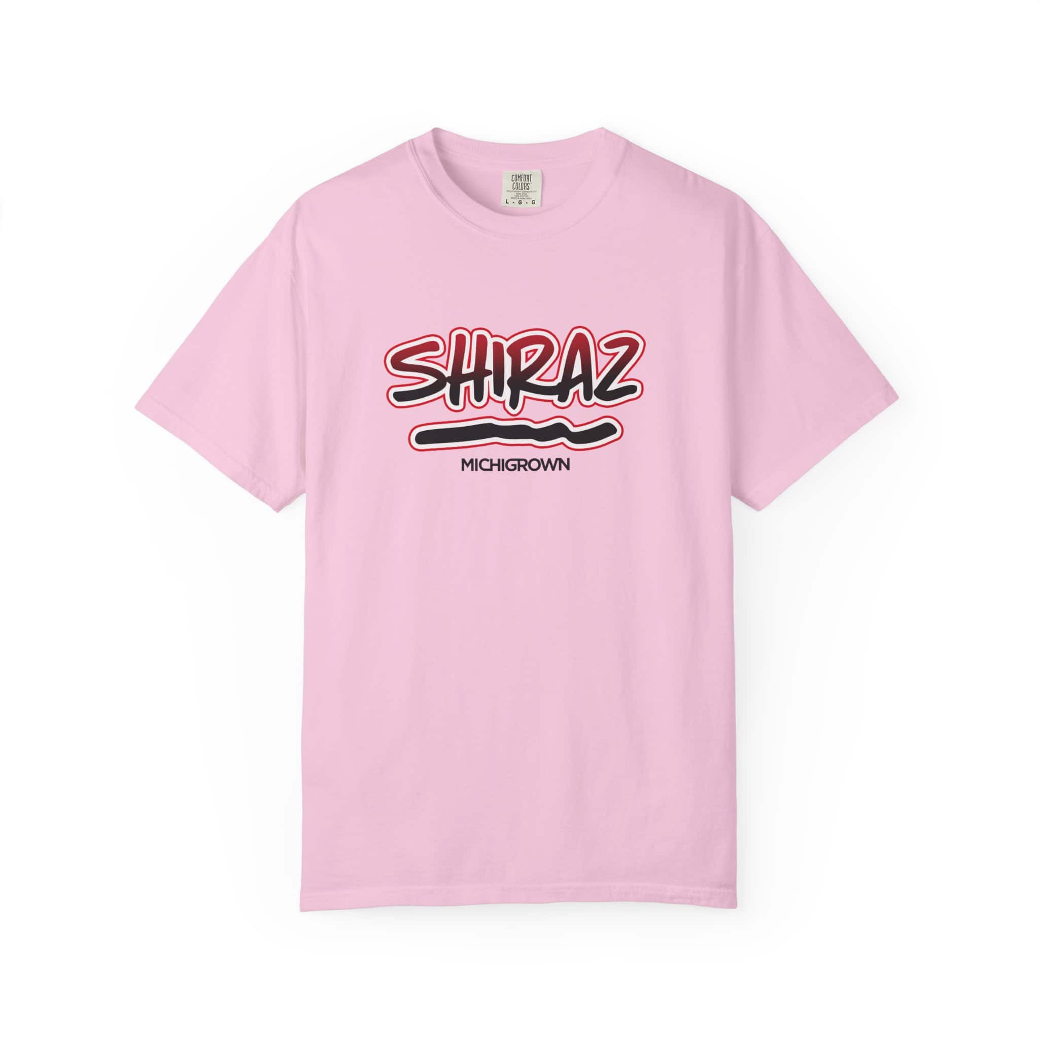 Pink Shiraz T-shirt with MichiganGrown logo and text.