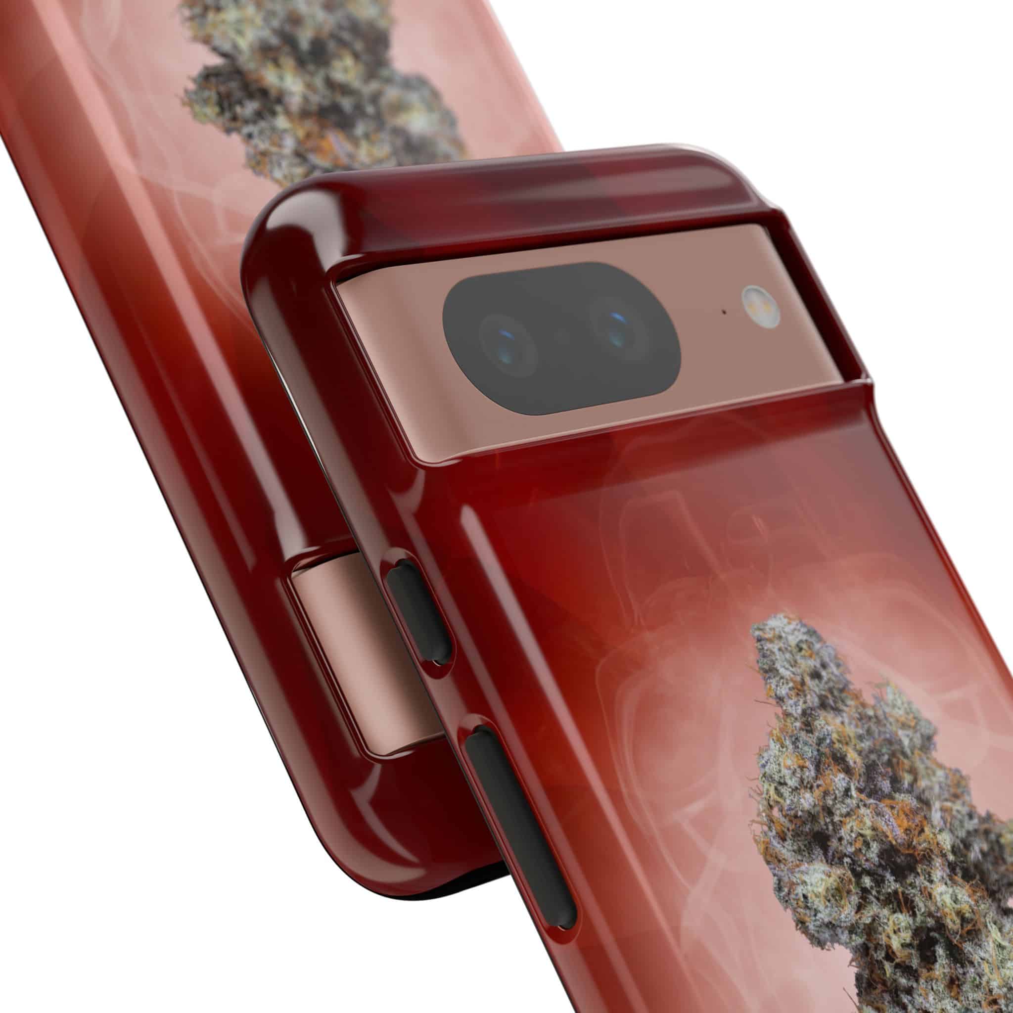 Red phone case with cannabis plant design for mobile devices.
