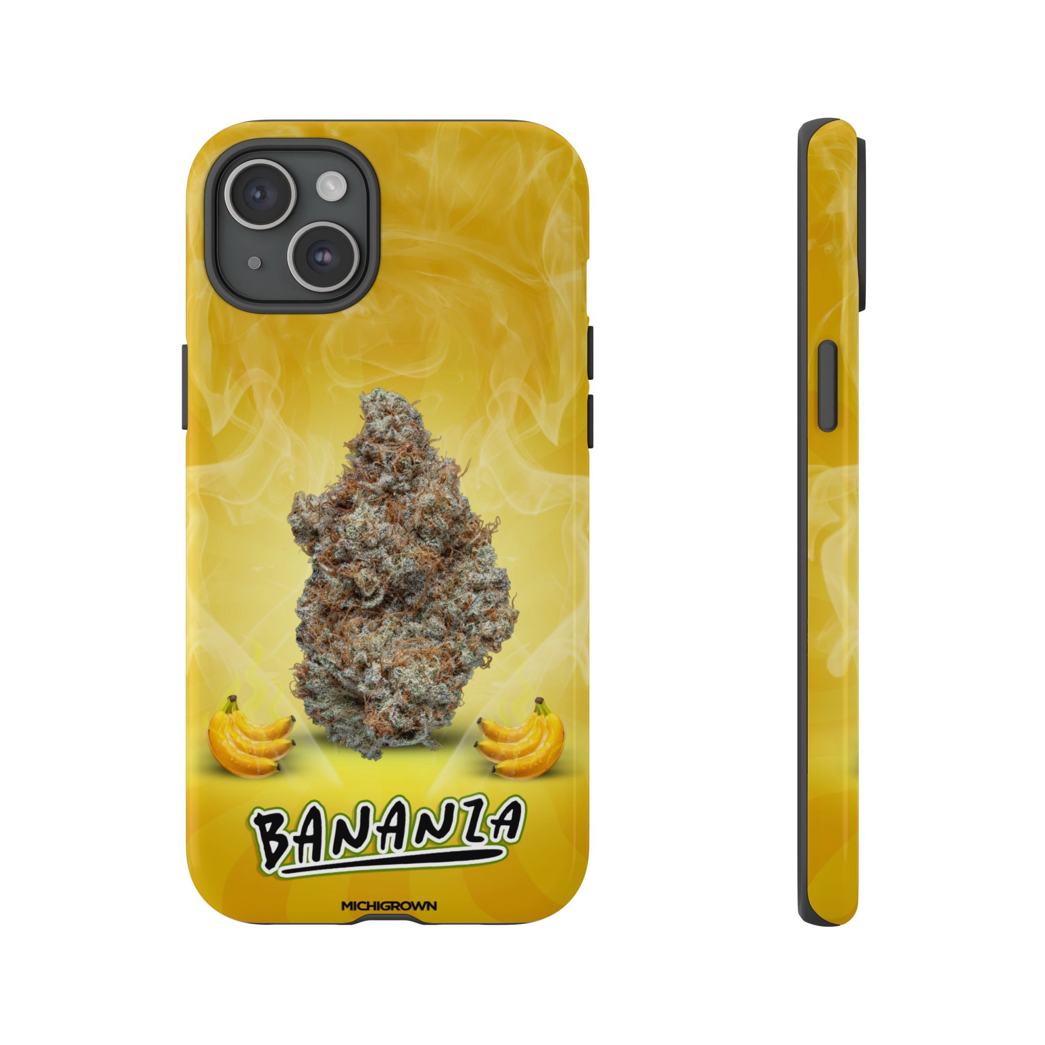 Yellow phone case with cannabis bud and banana graphics, 'BANANAZA' text.