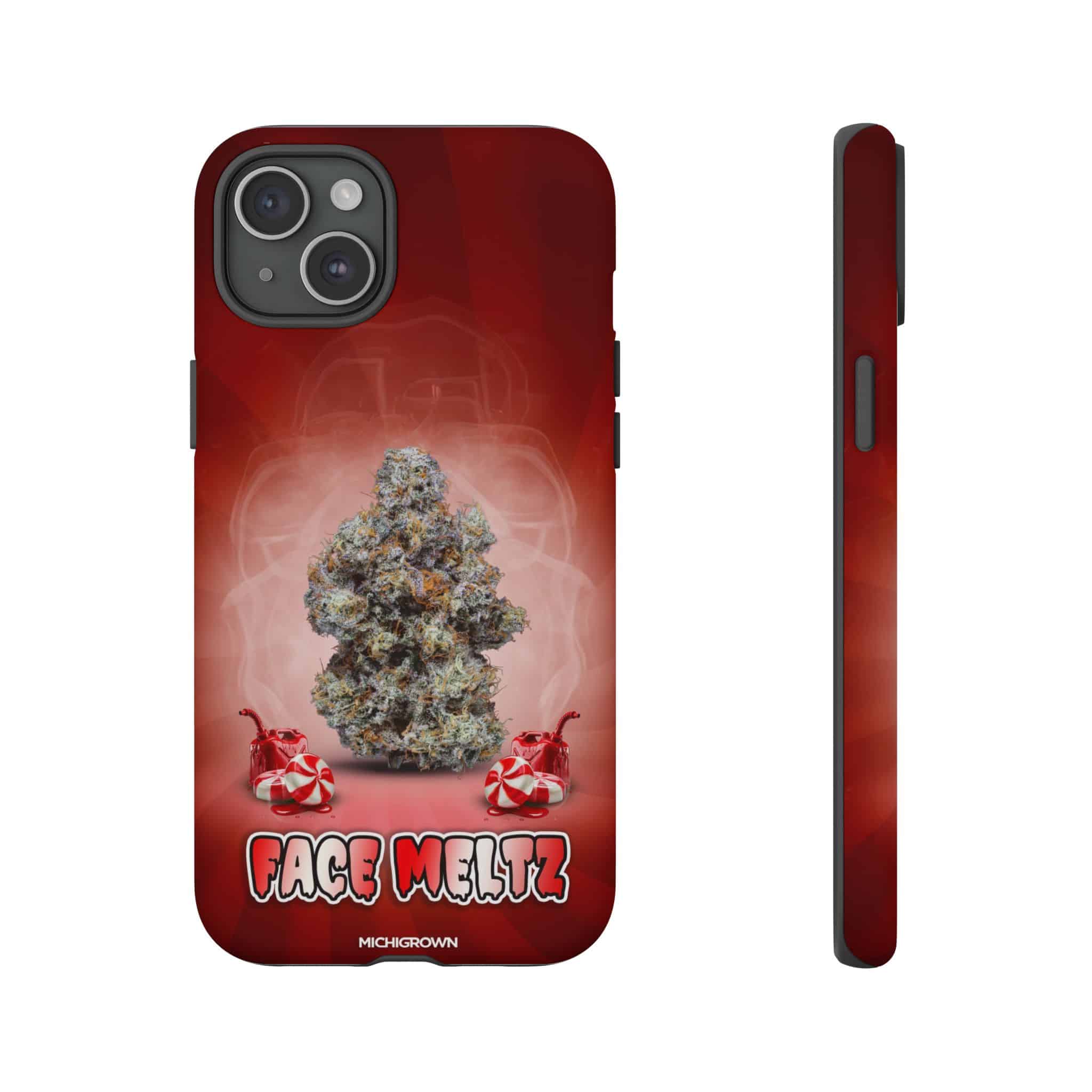 Red phone case with cannabis bud and face meltz logo design.