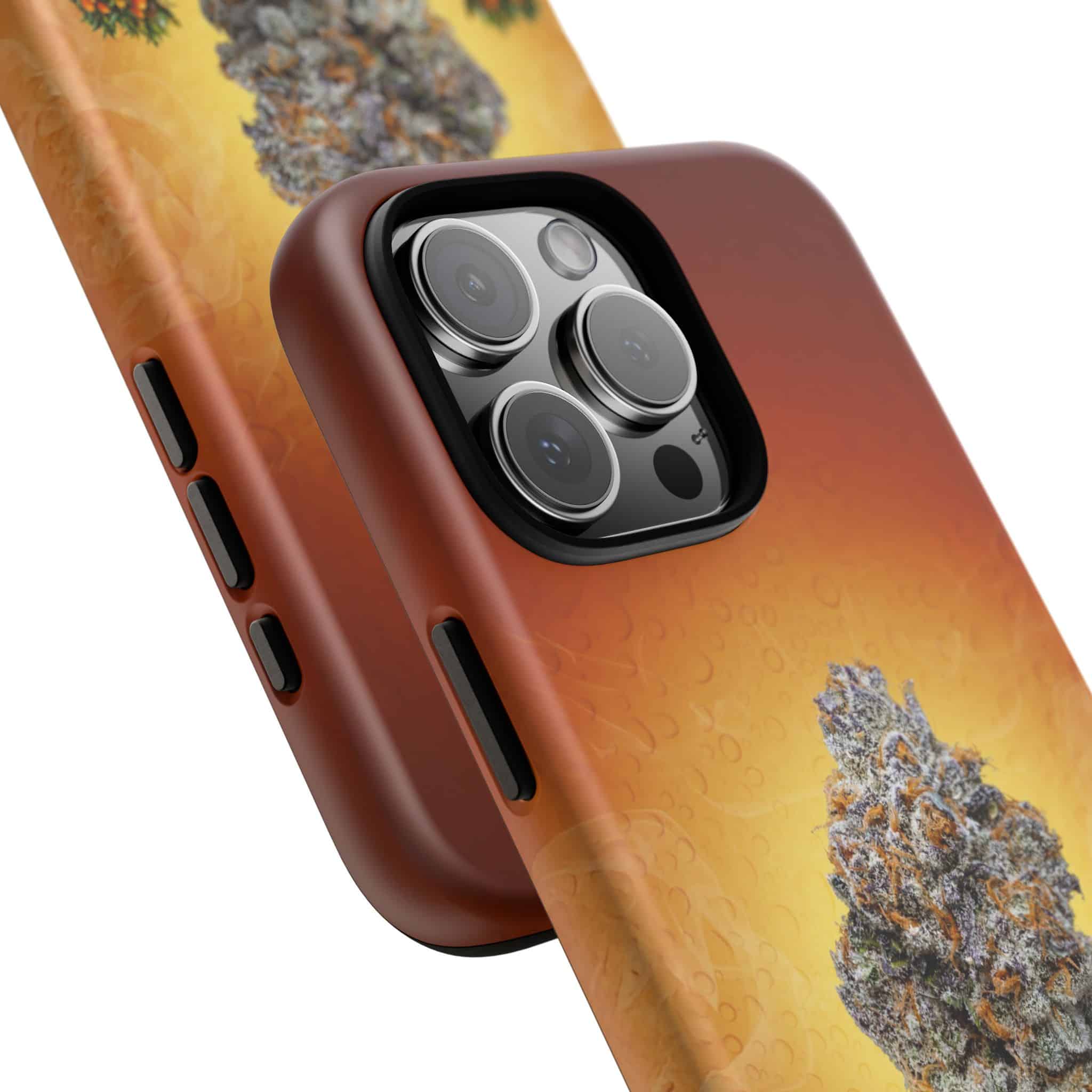 Brown GELONADE phone case with cannabis leaf design for iPhone.