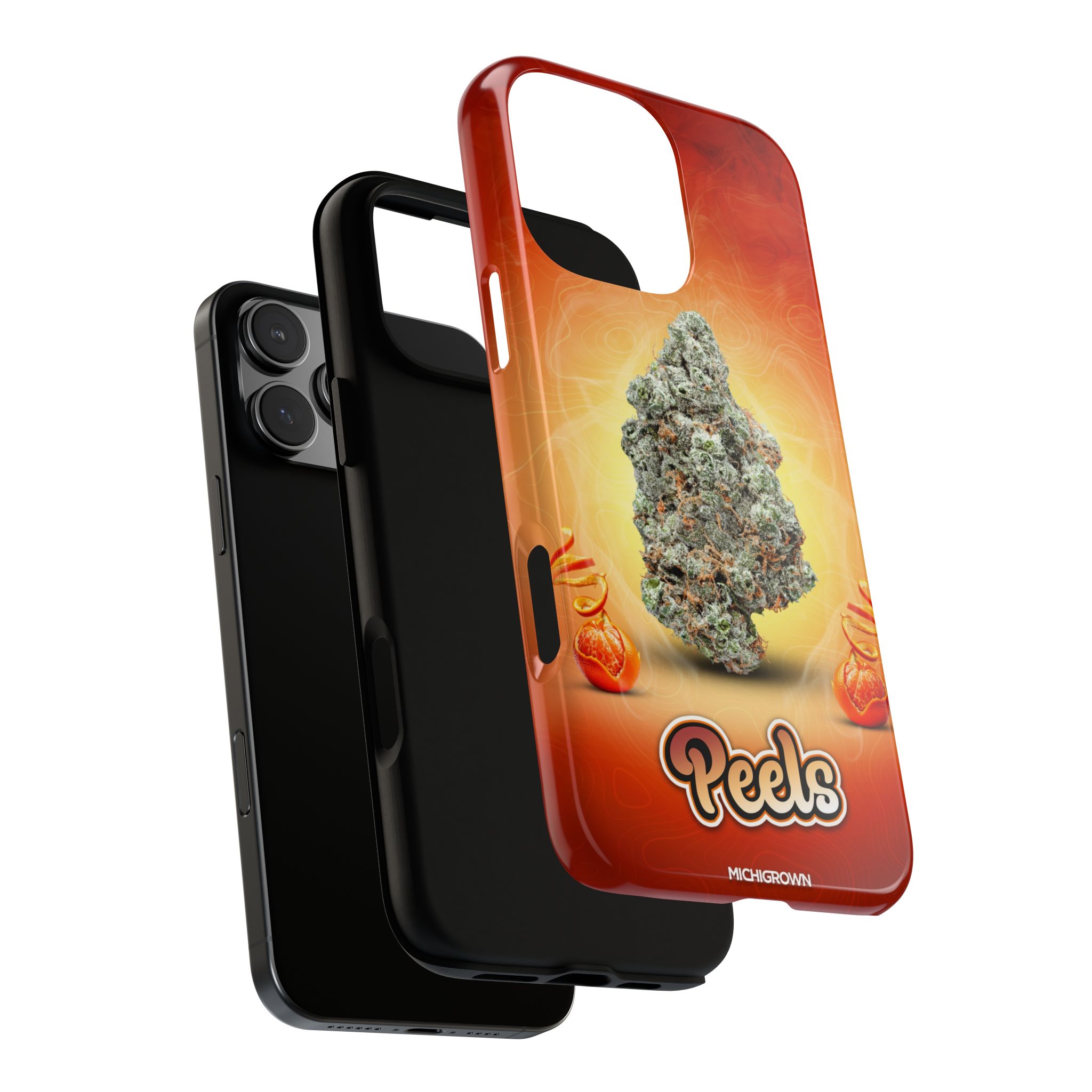 Red and orange PEELS phone case with cannabis leaf design for iPhone.