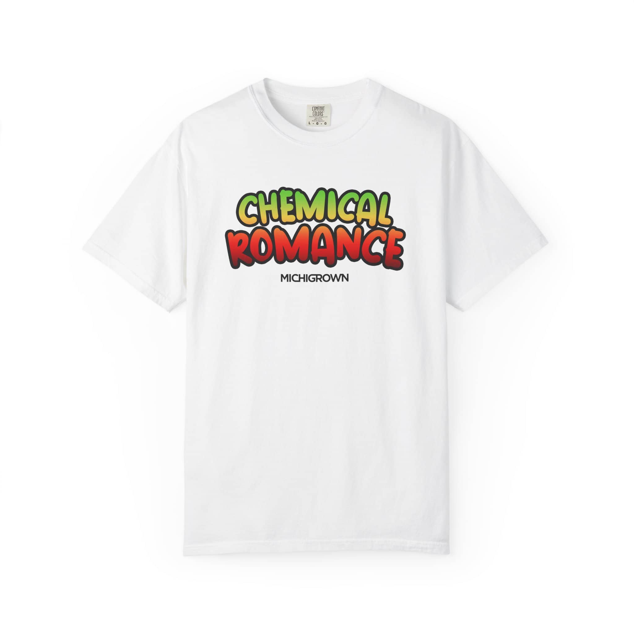 White T-shirt with colorful 'Chemical Romance' graphic design.