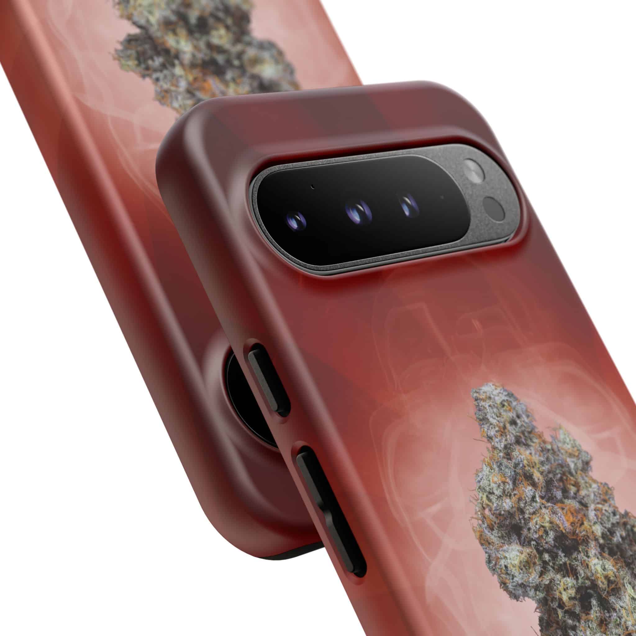 Red cannabis-themed phone case with camera cutout and detailed design.