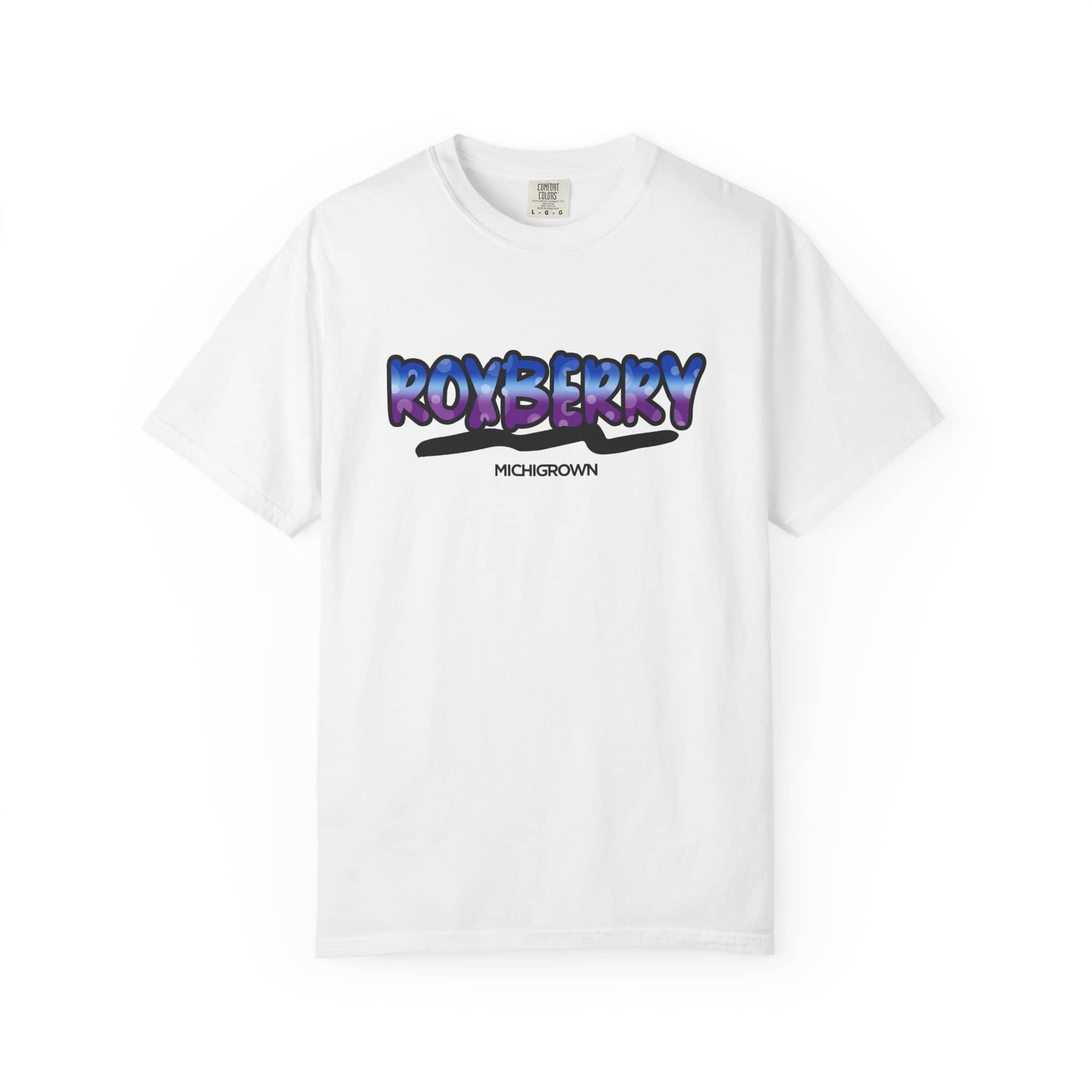 White ROXBERRY TEE with colorful logo and MICHIGROWN text.
