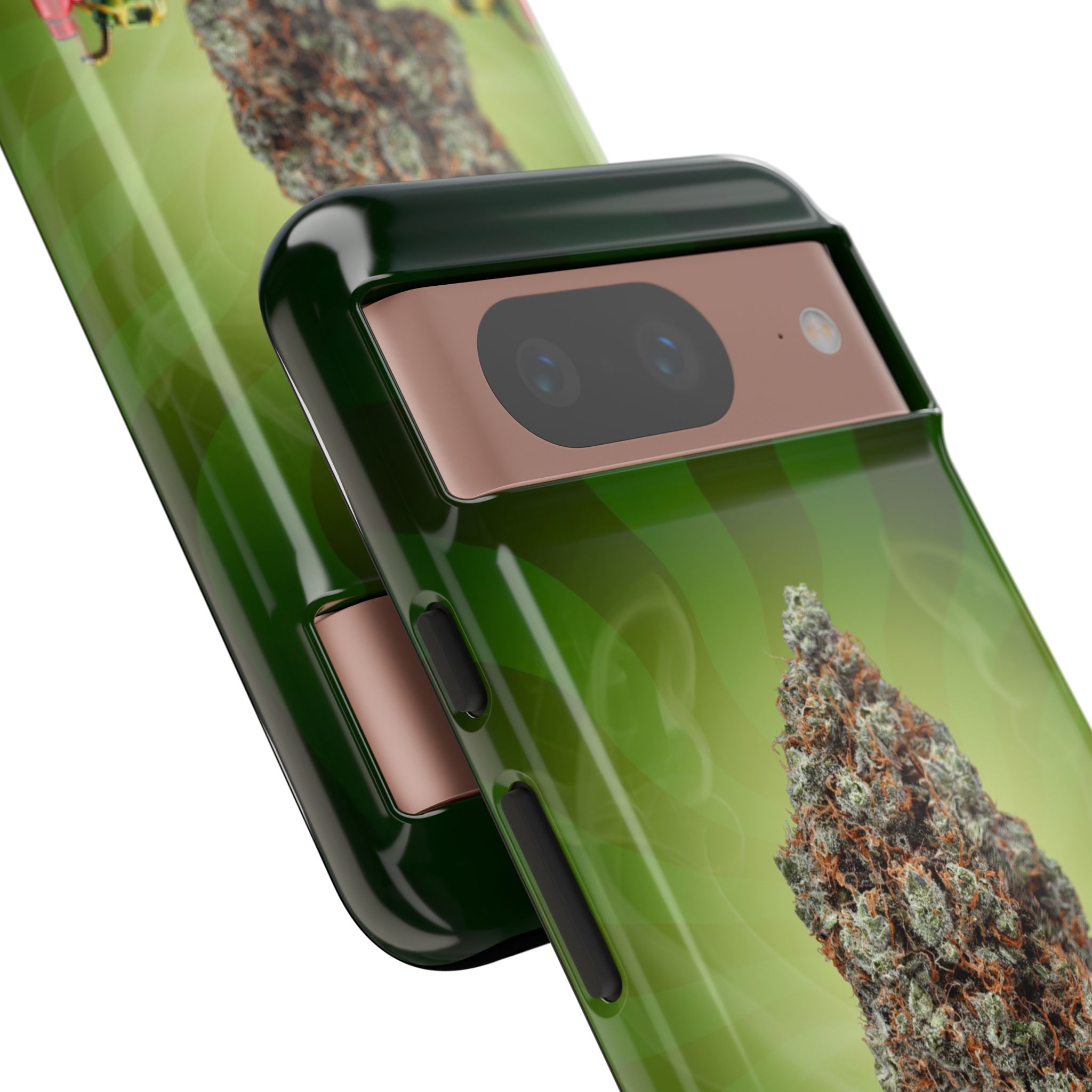 Green phone case with cannabis bud design for iPhone.
