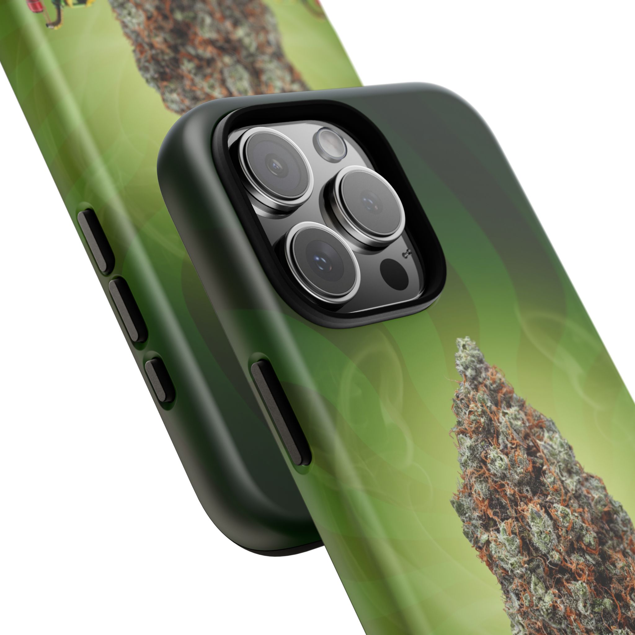 Close-up of cannabis leaf design on green phone case for iPhone.