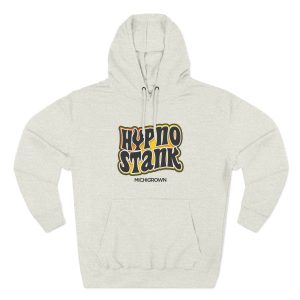 Light gray hoodie with Hypno Stank logo in black and orange text.
