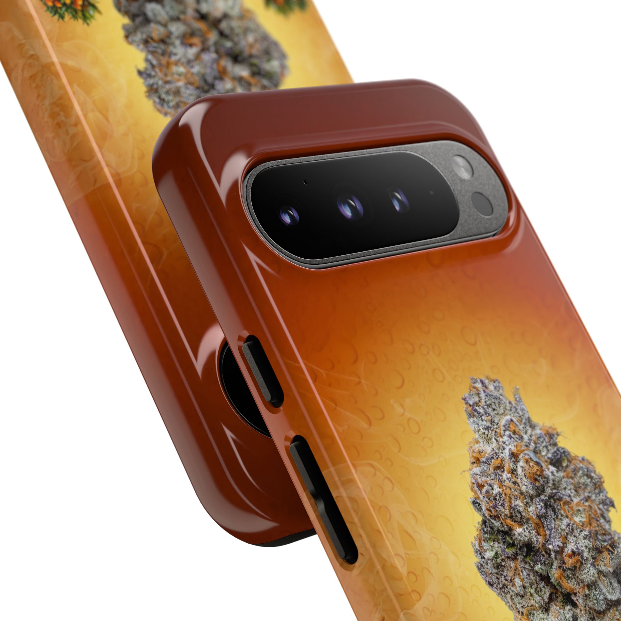 Phone case featuring cannabis plant design for iPhone models.