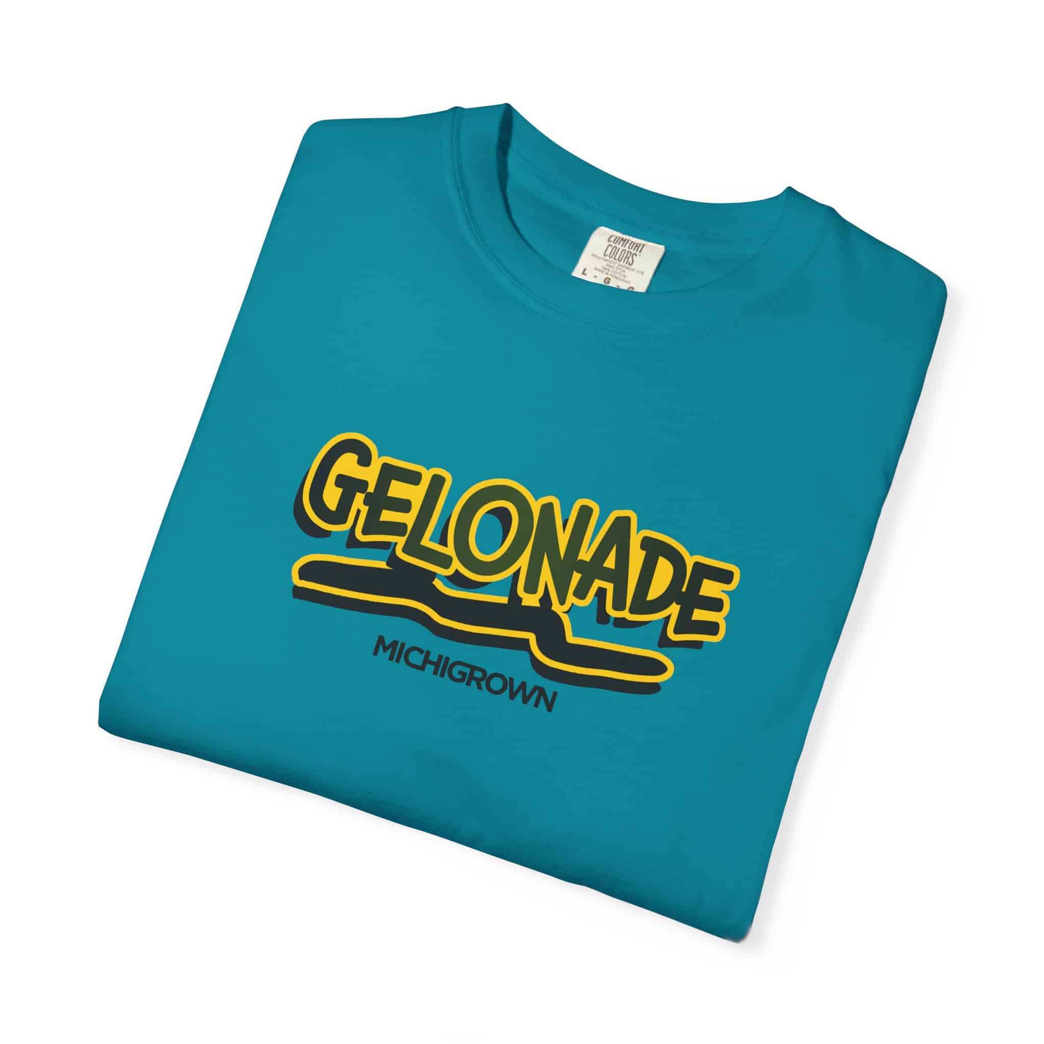 Blue Gelonade T-shirt featuring Michigan-themed logo and text.