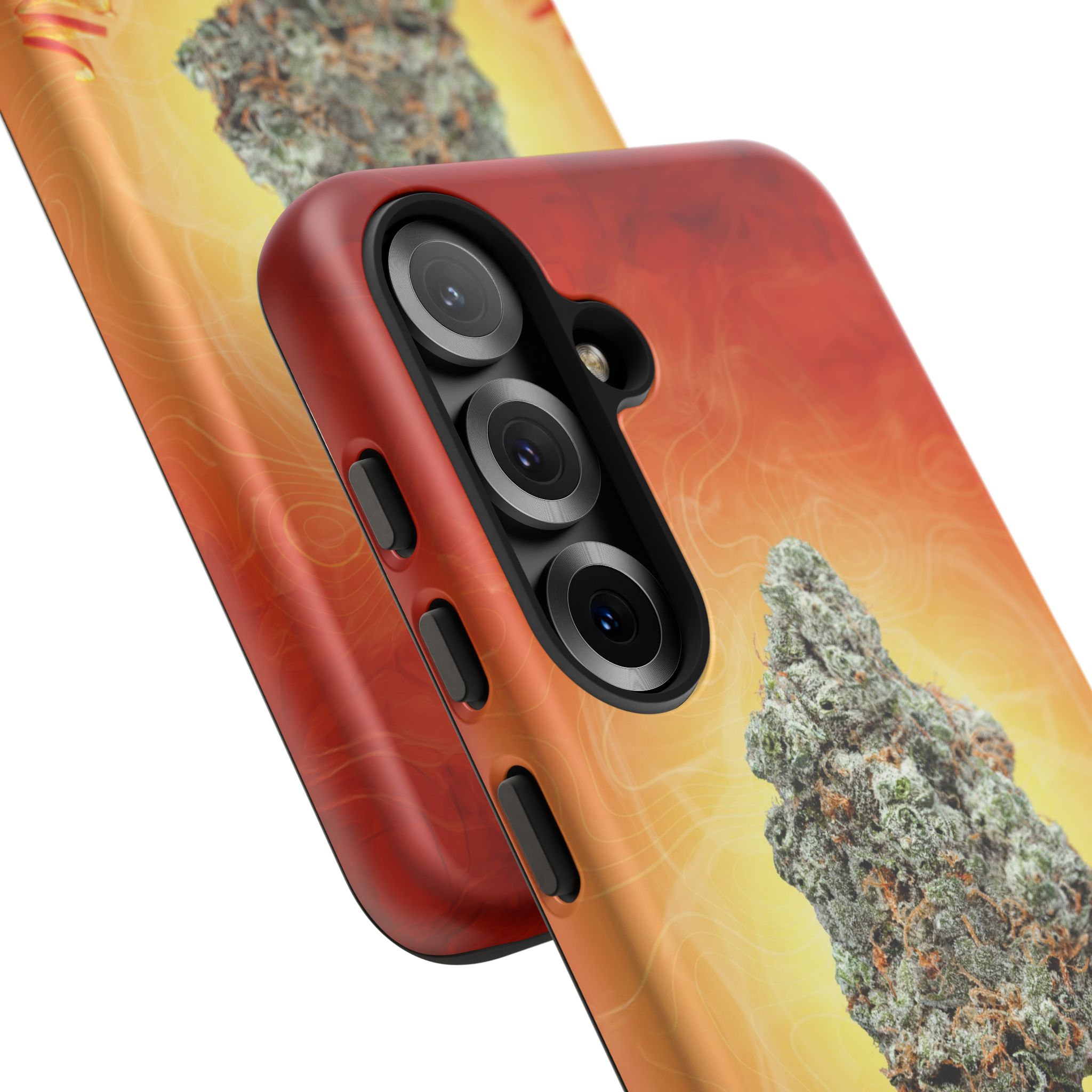 Red phone case with cannabis leaf design for iPhone 13 Pro.