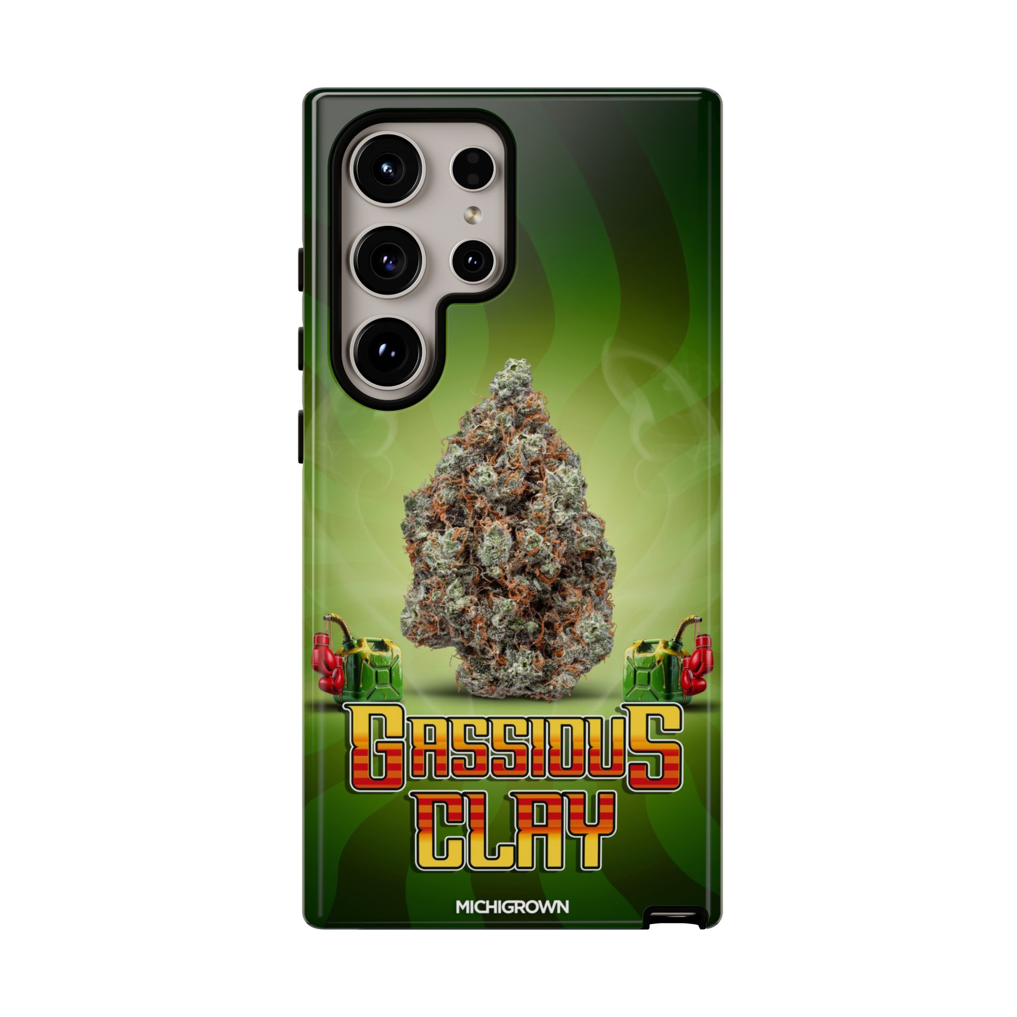Phone case with Gassious Clay logo and cannabis image.