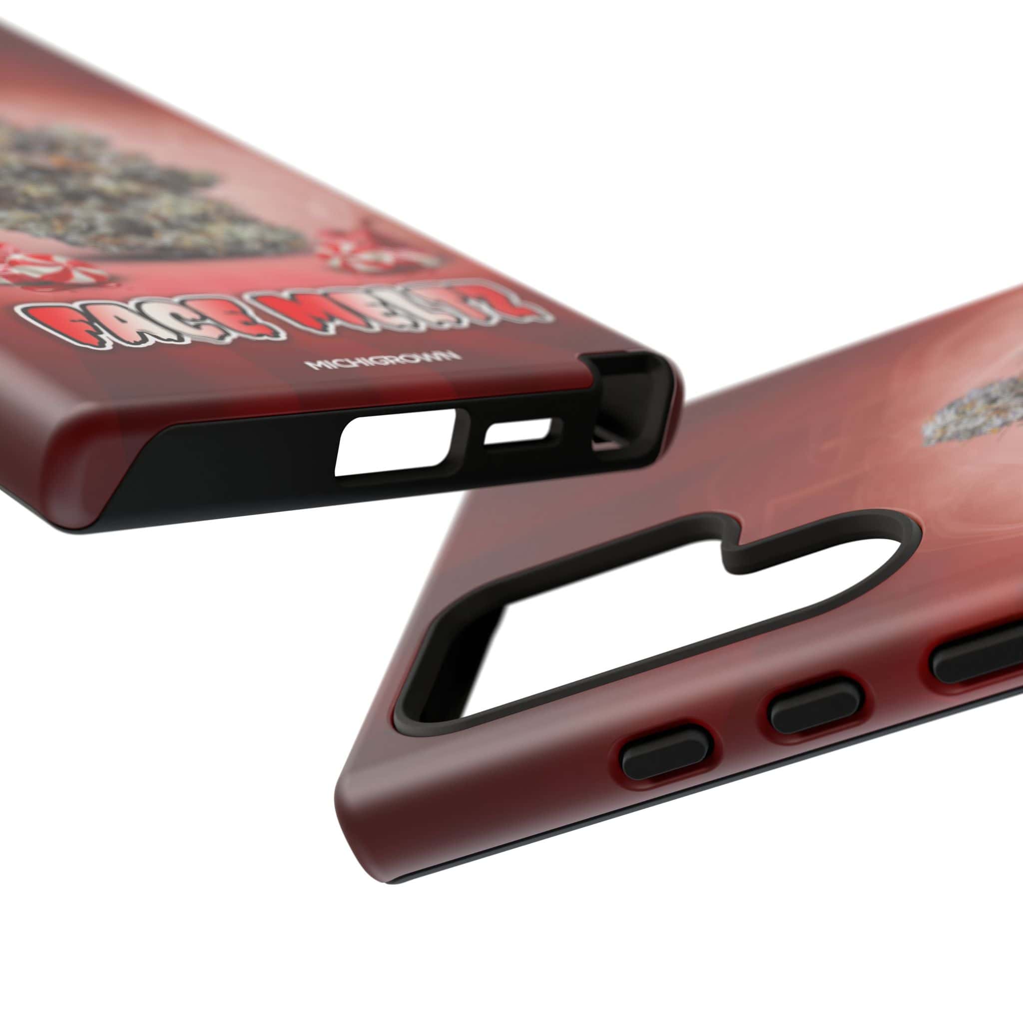 Red phone cases with rugged design and textured surface.
