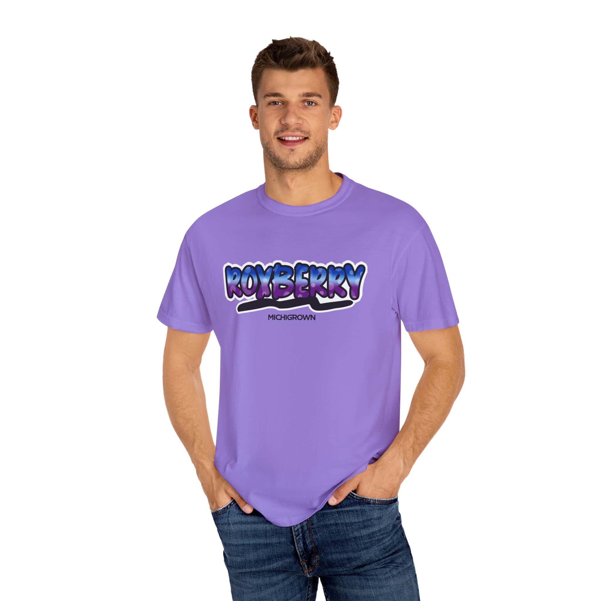 Men's purple Roxberry T-shirt with Michigrown logo and graphic design.