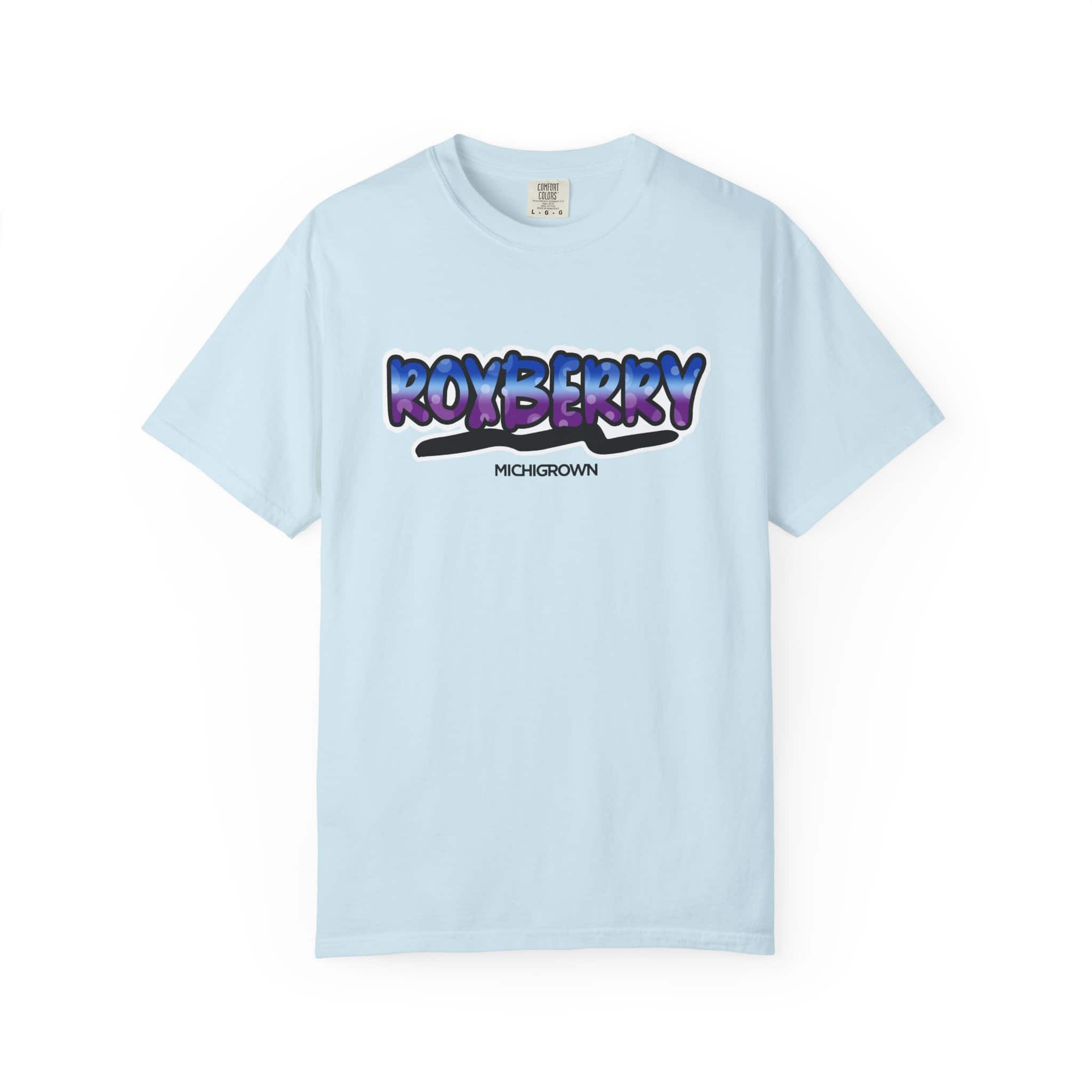 Light blue ROXBERRY TEE with MichiganGrown logo in purple and black.