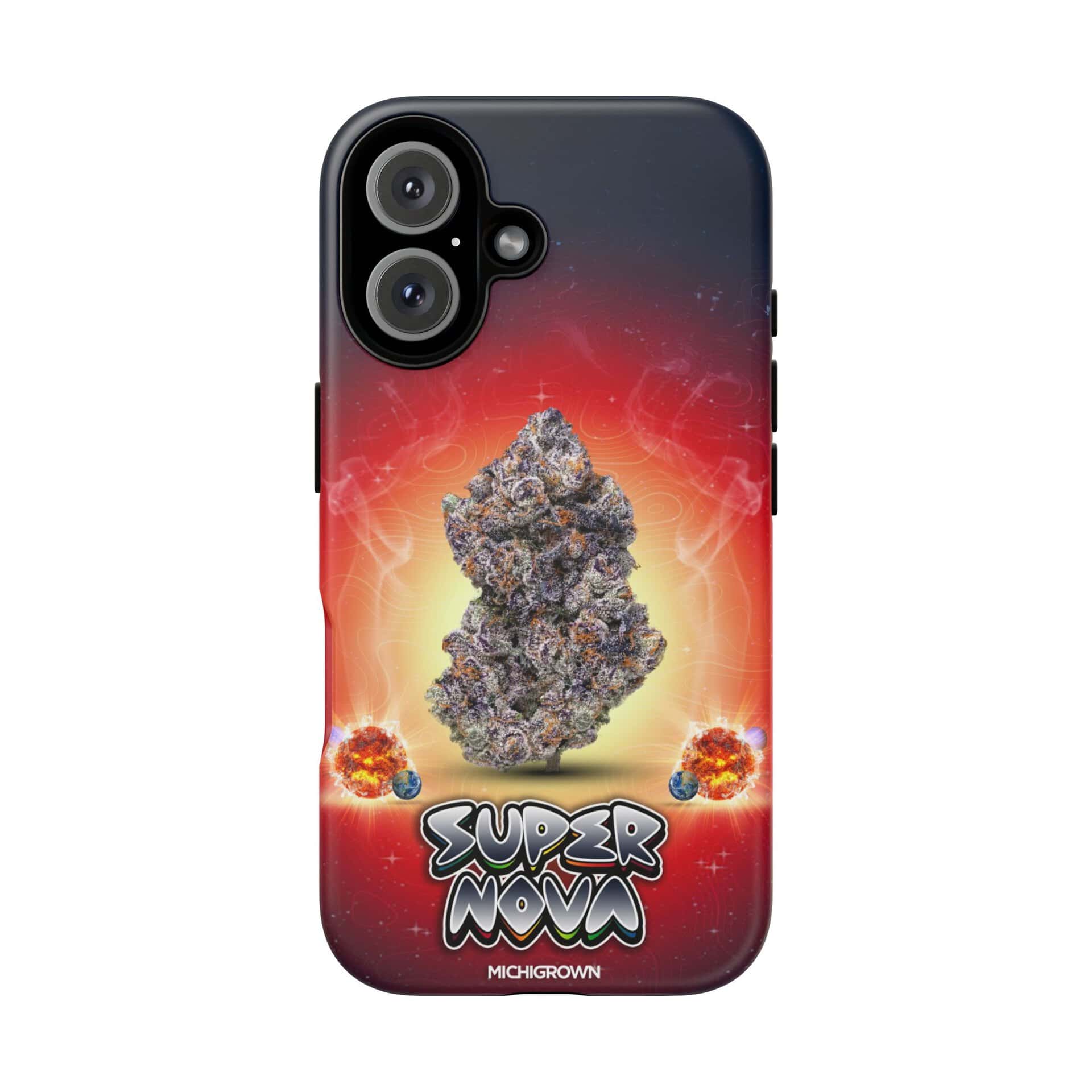 Phone case featuring a cannabis nugget with cosmic background and Super Nova logo.