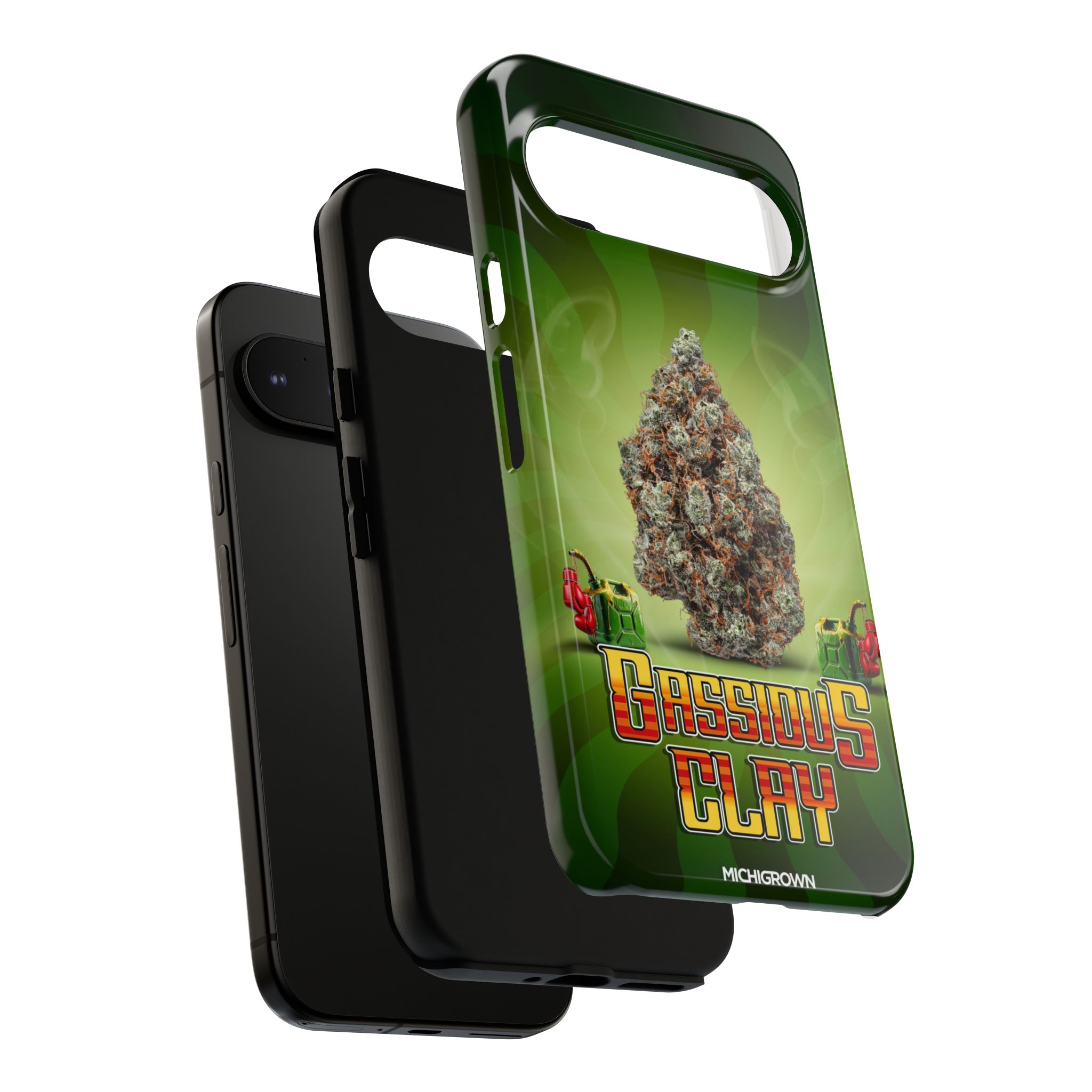 Green phone case with Gassious Clay logo and cannabis bud design.