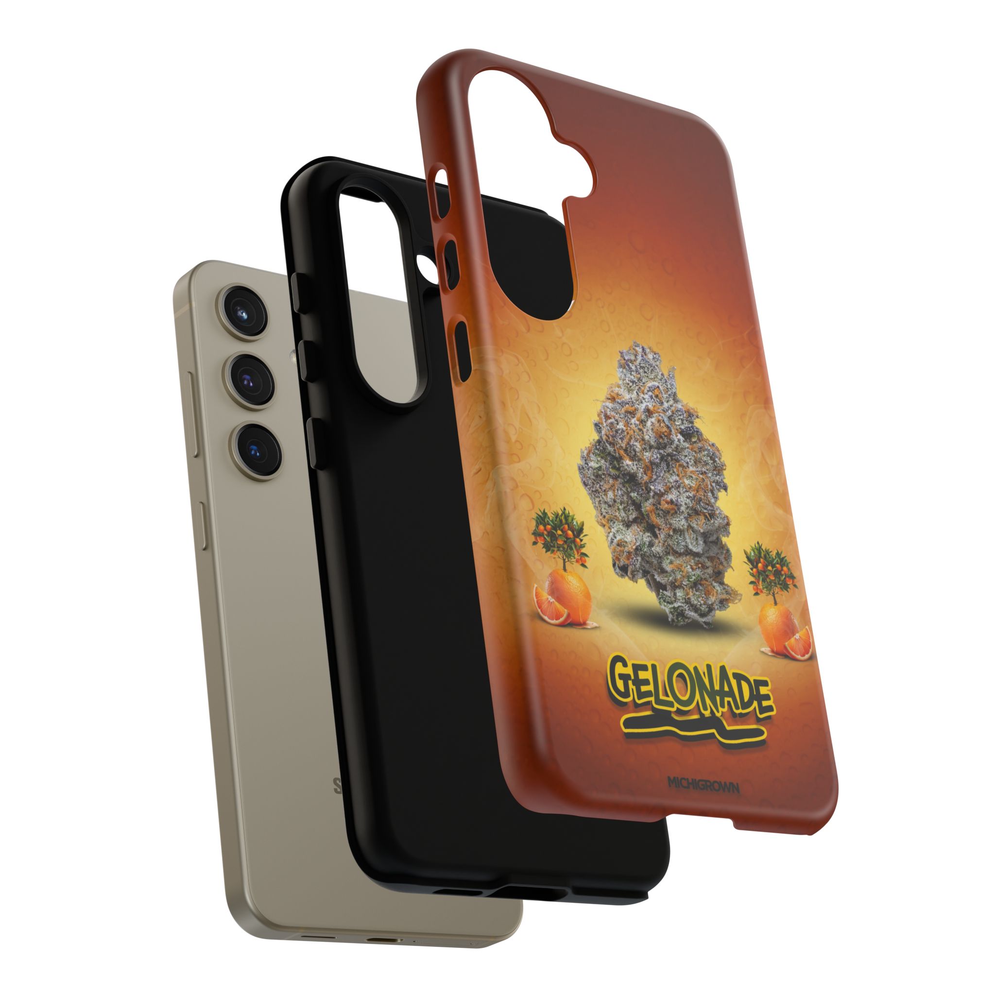 Phone case featuring cannabis bud and sunset background for GELONADE.