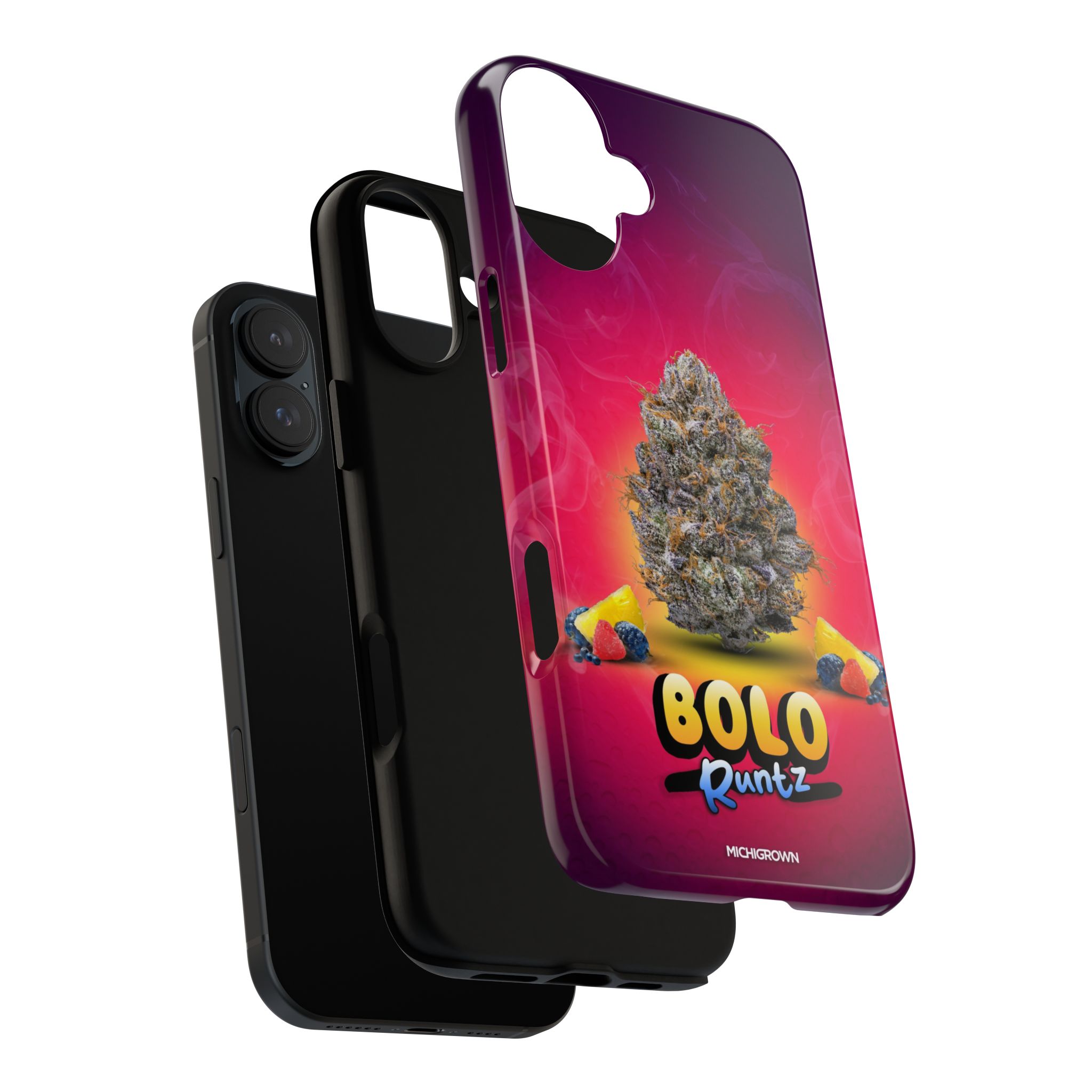 Black iPhone with BOLO RUNTZ themed phone case featuring cannabis bud design.