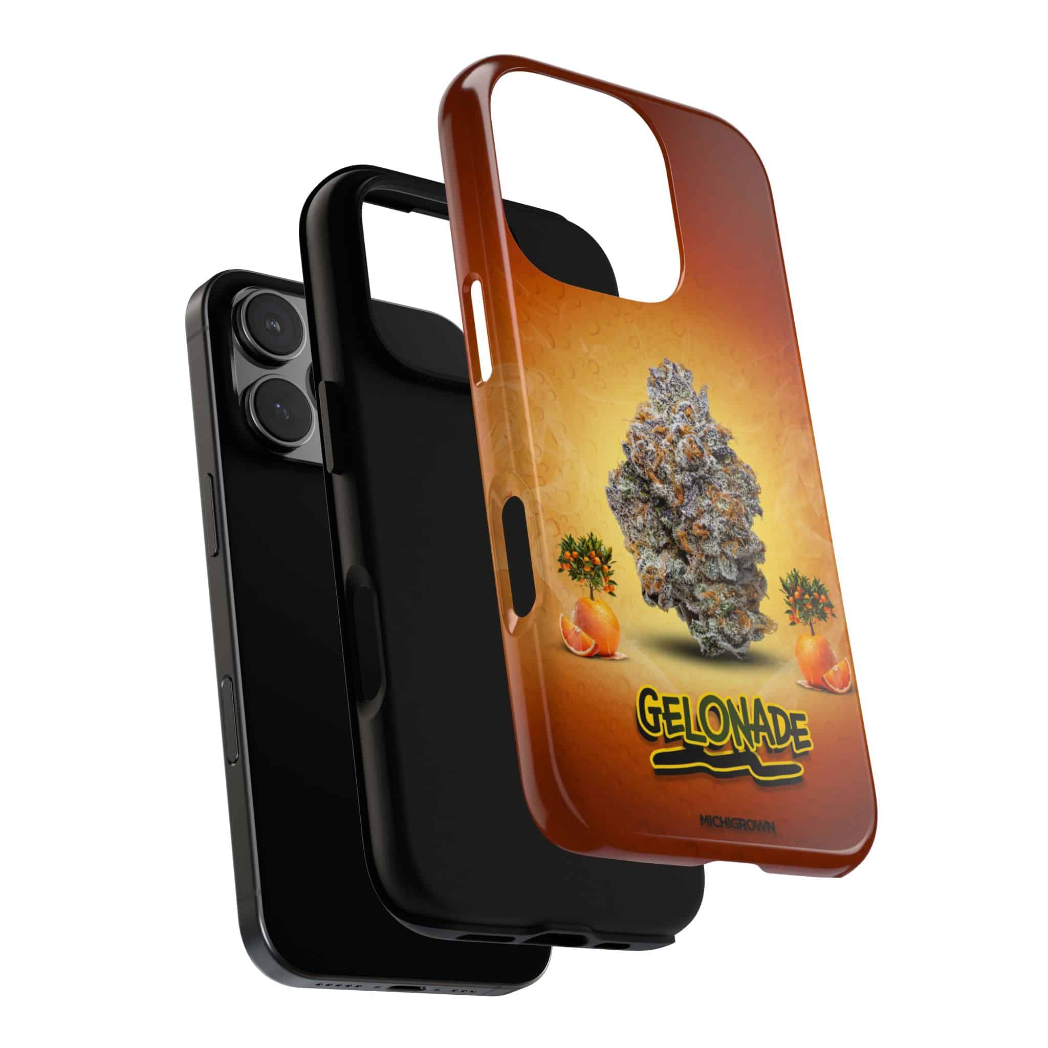 Phone case featuring cannabis bud and orange sunset background.
